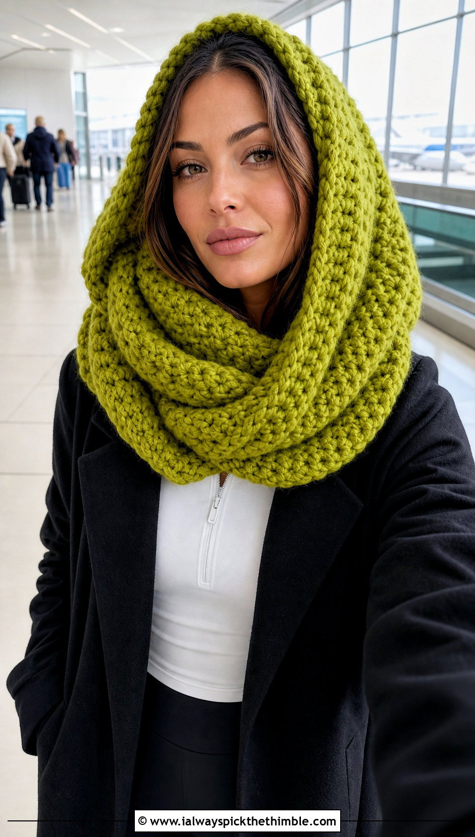 Oversized Crochet Hooded Snood With Leggings And Long Coat - 15 crochet infinity scarf with hood outfit ideas