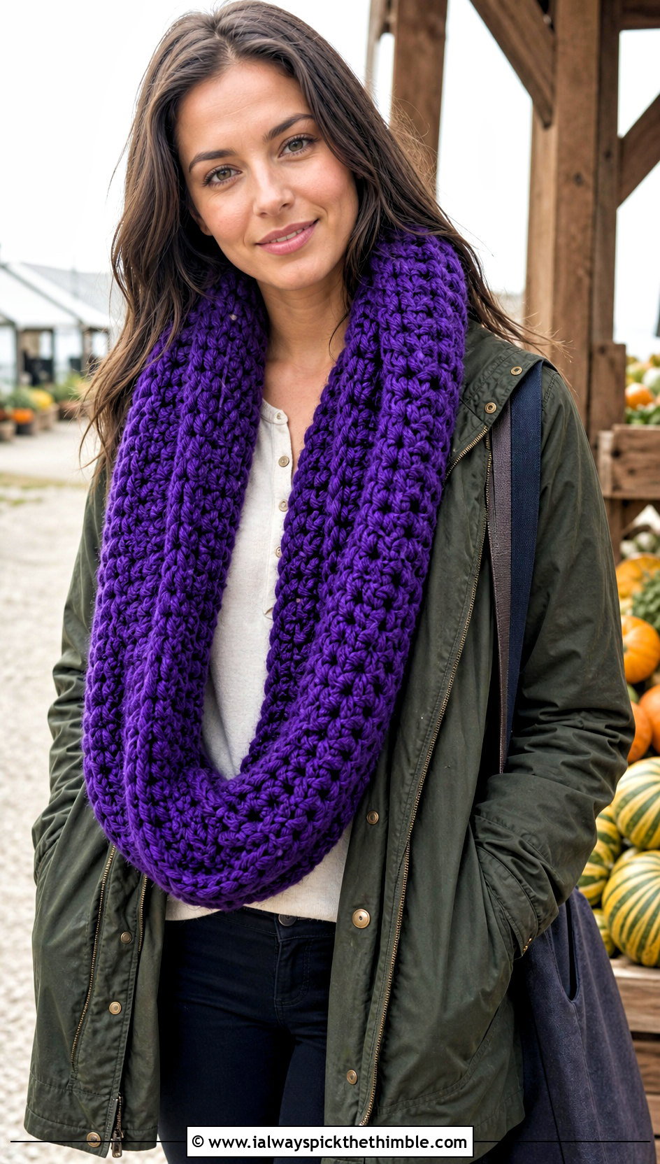 Oversized Crochet Infinity Scarf With Barn Jacket - 25 crochet infinity scarf outfit ideas