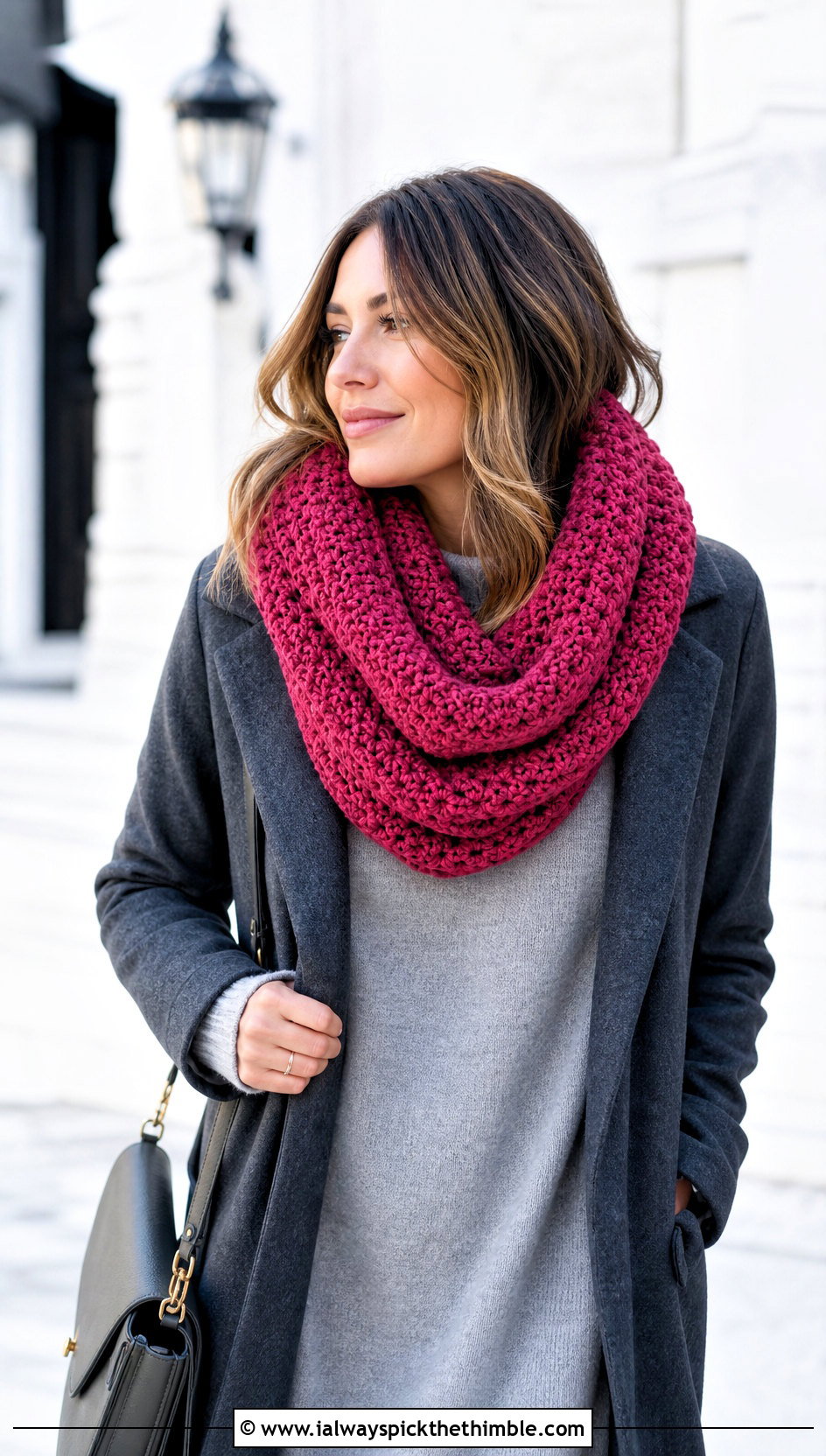Oversized Crochet Infinity Scarf With Sweater Dress - 20 Crochet Loop Scarf outfit ideas