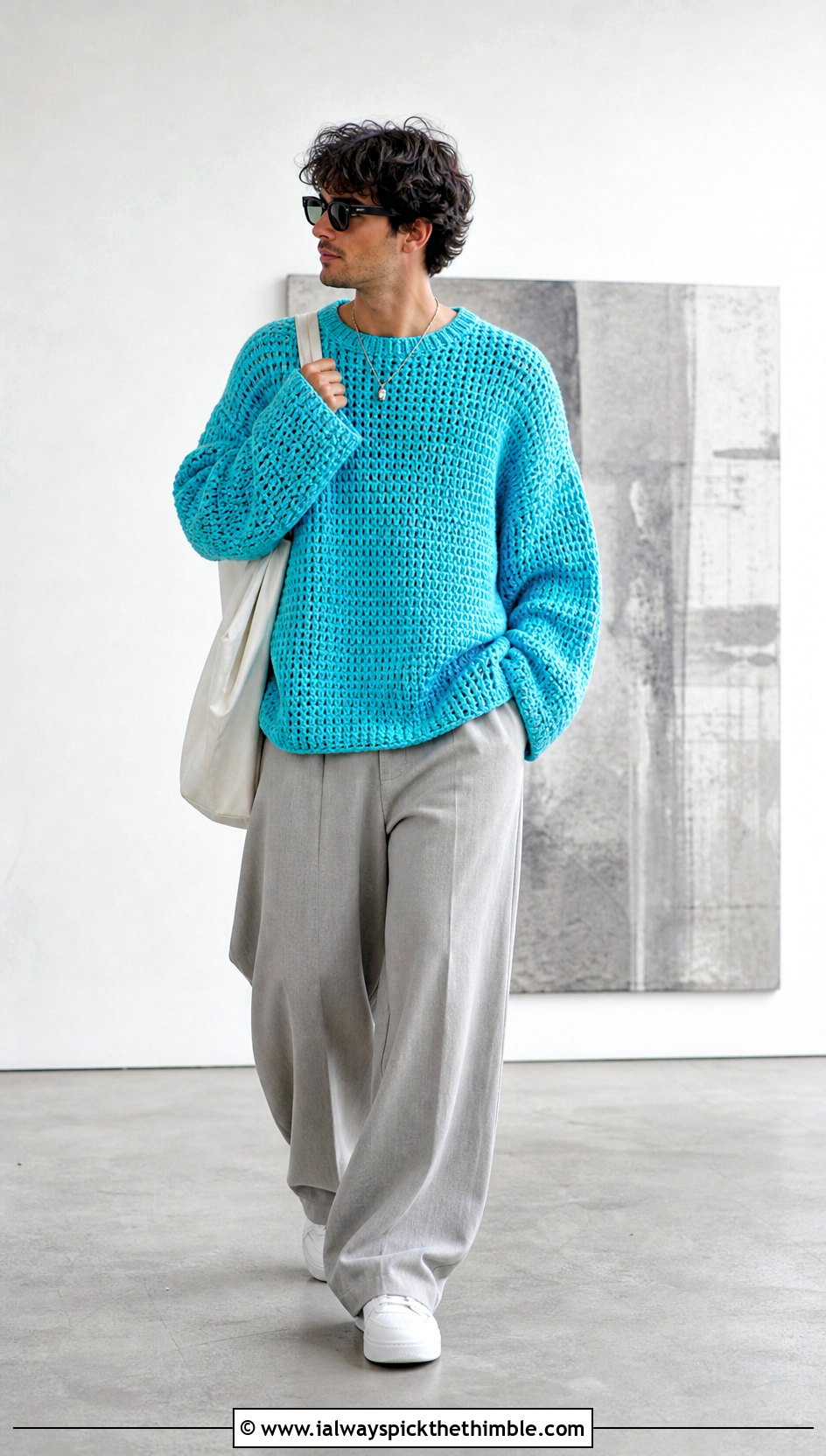 Oversized Crochet Jumper With Wide Leg Trousers - 20 mens crochet jumper outfit ideas