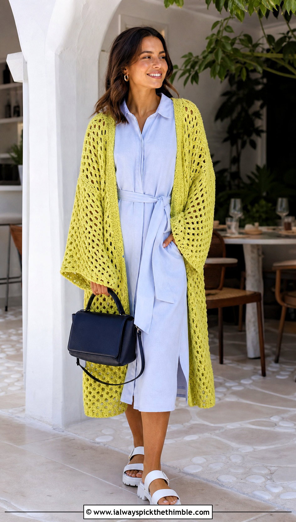 Oversized Crochet Kimono With Shirt Dress - 20 Boho Crochet Kimono outfit ideas