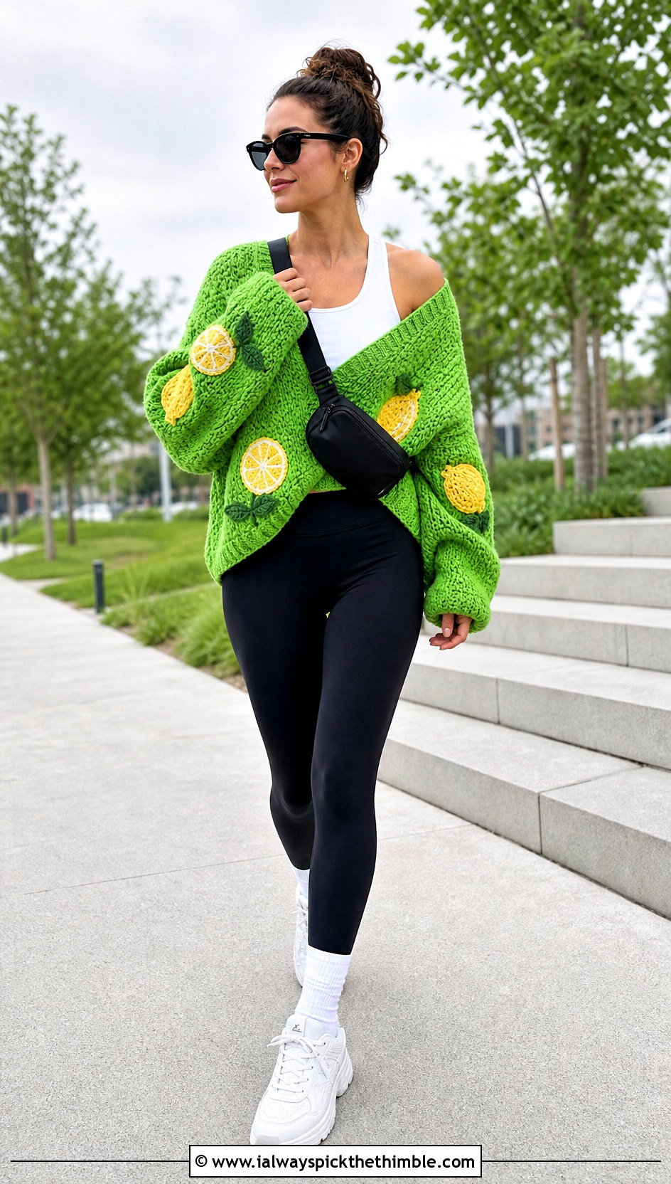 Oversized Crochet Lemon Sweater With Black Leggings - 20 Crochet Lemon Sweater outfit ideas