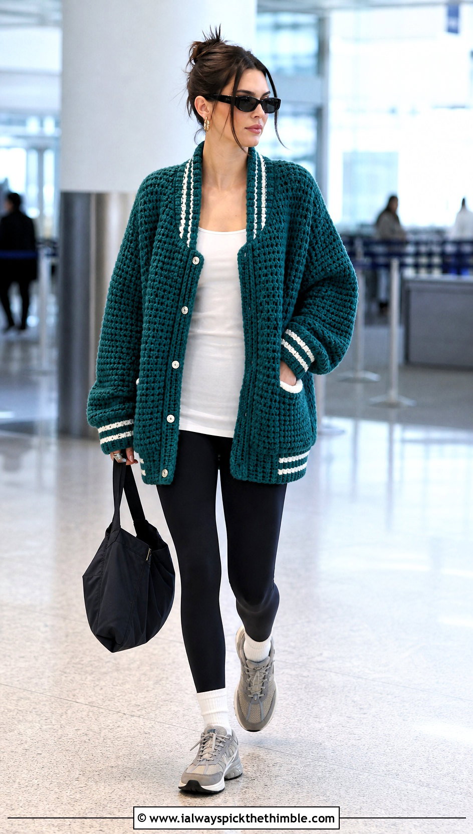 Oversized Crochet Letterman Jacket With Black Leggings - 20 crochet letterman jacket outfit ideas