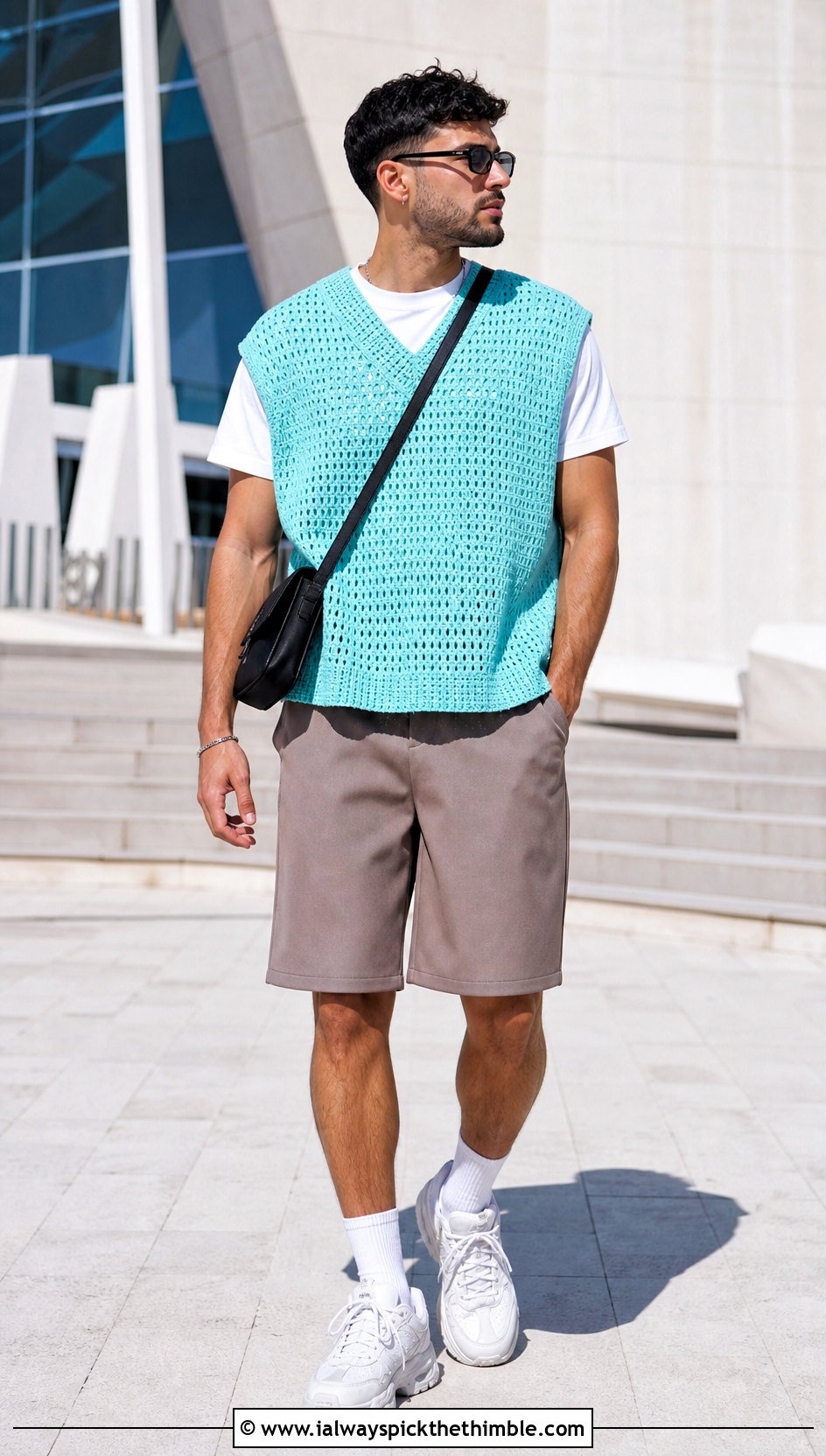 Oversized Crochet Mens Sweater Vest With Shorts And Chunky Sneakers - 20 crochet mens sweater vest outfit ideas