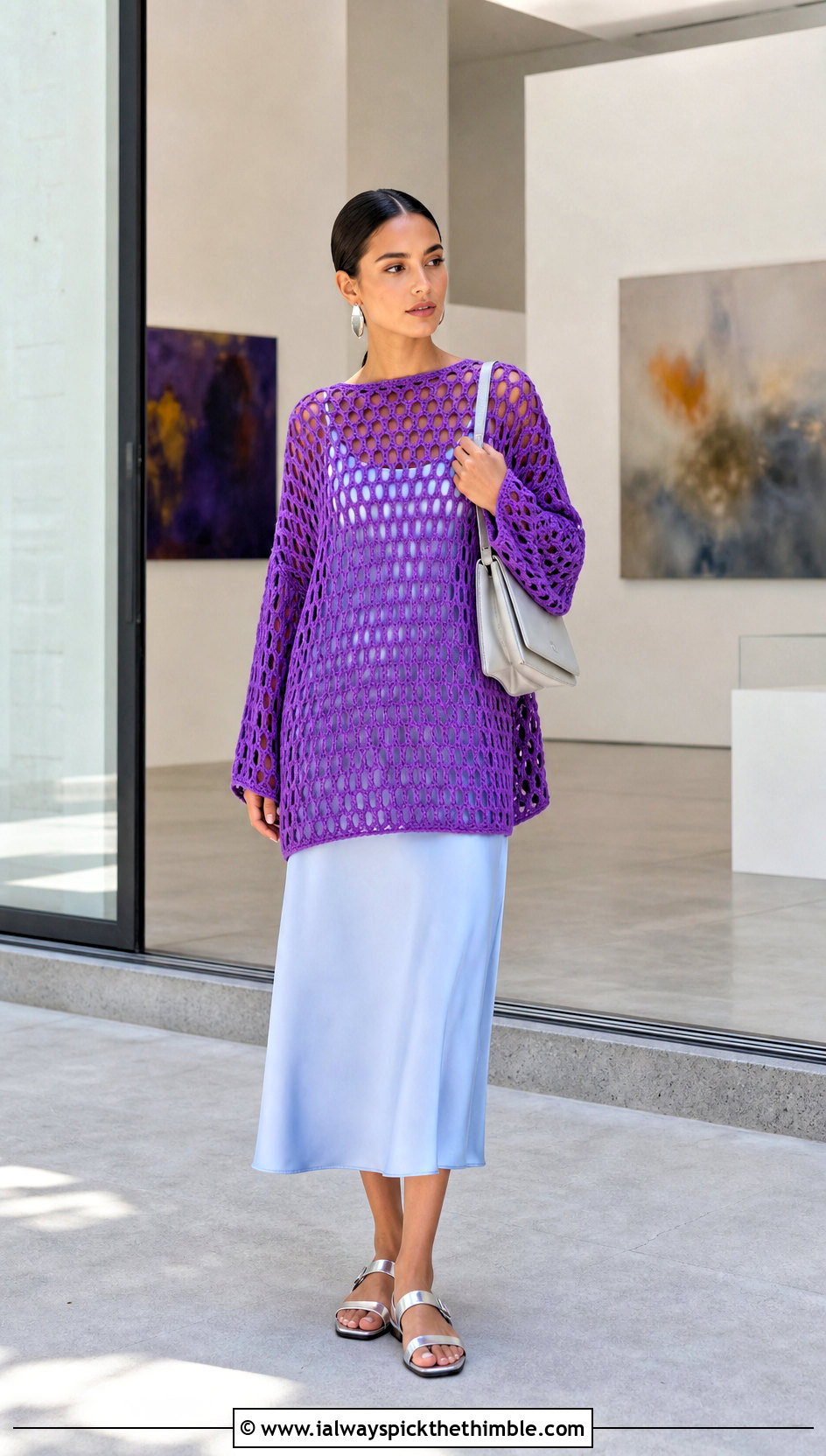 Oversized Crochet Mesh Top Over a Slip Dress - 15 Crochet Mesh Summer Top outfit ideas