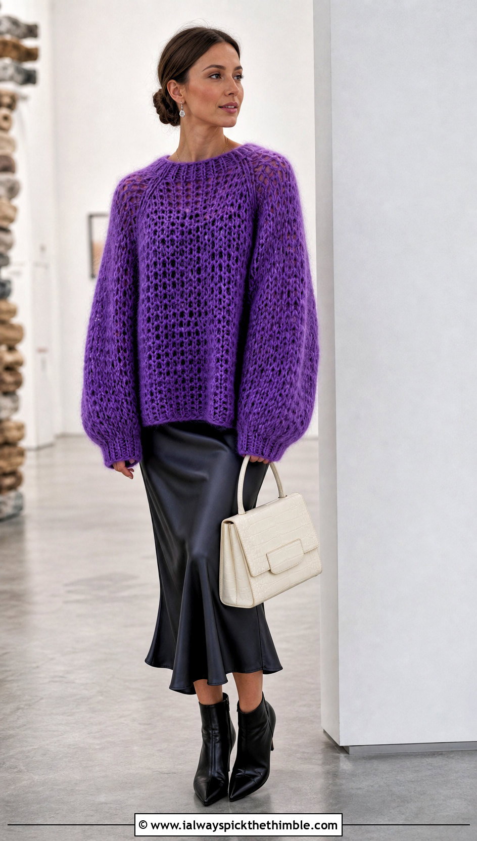Oversized Crochet Mohair Raglan Sweater With Satin Midi Skirt - 15 Crochet Mohair Raglan Sweater outfit ideas