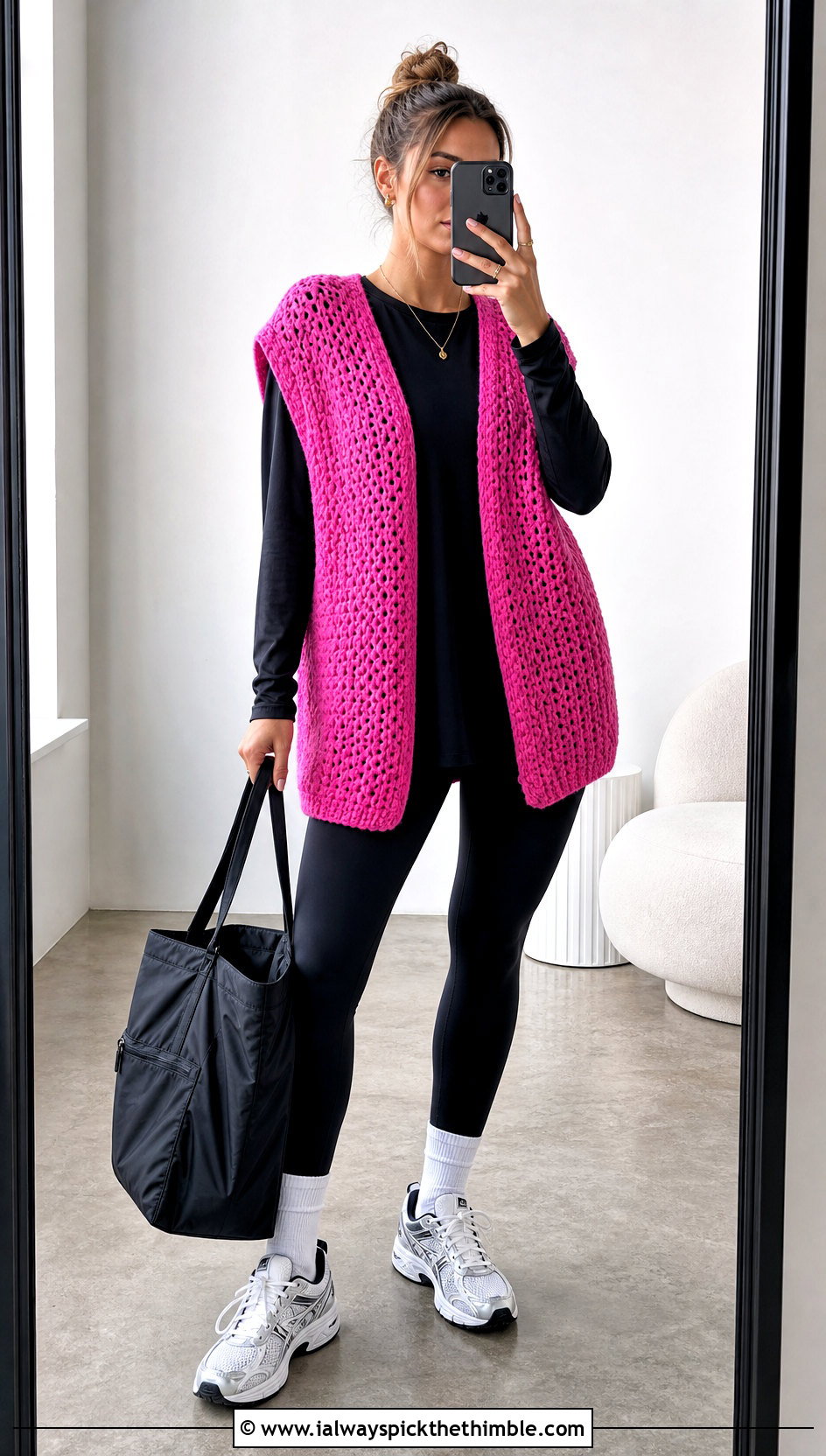 Oversized Crochet Open Front Vest With Leggings - 20 crochet open front vest outfit ideas