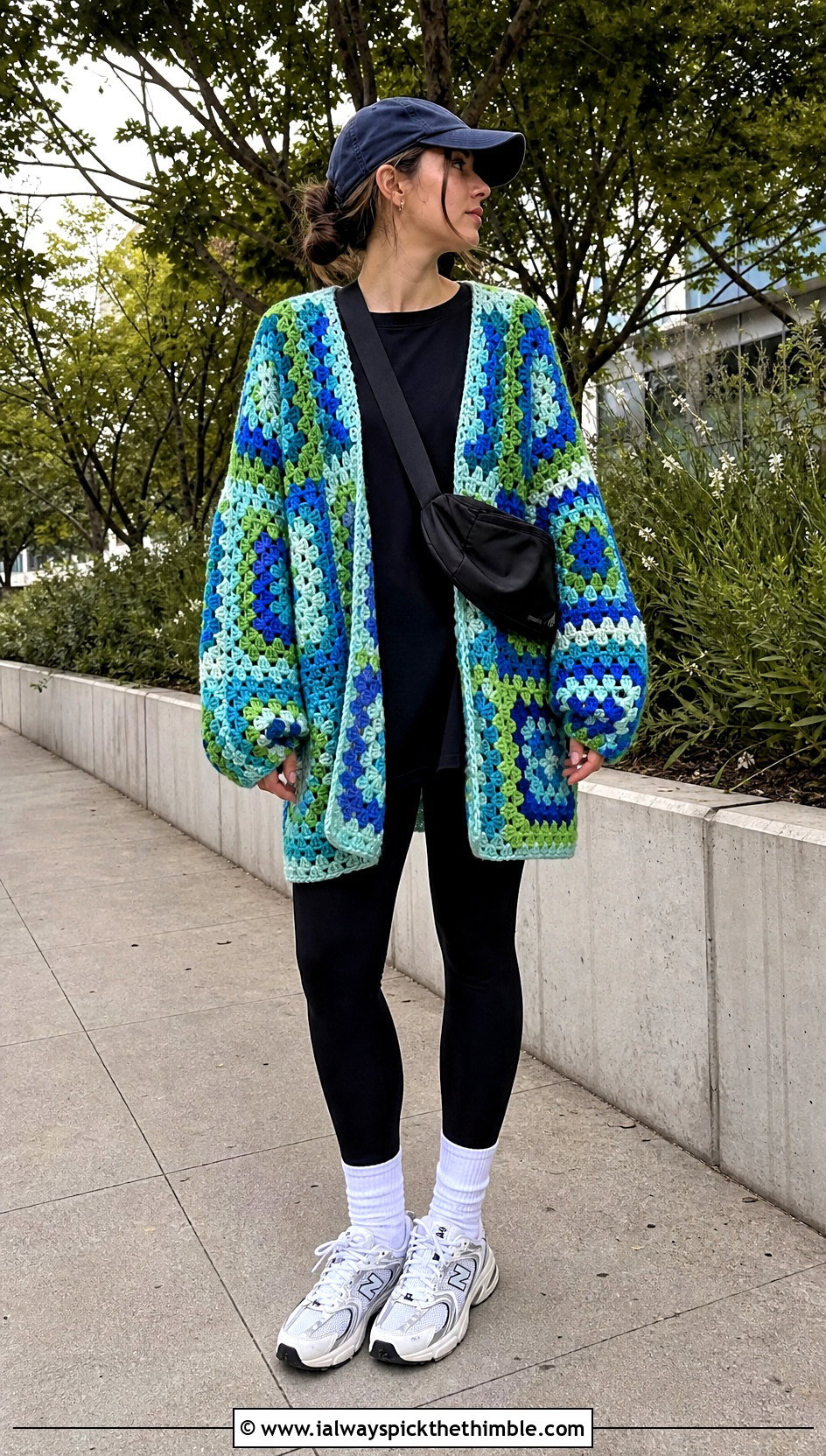 Oversized Crochet Patchwork Cardigan With Leggings And Sneakers - 25 crochet patchwork cardigan outfit ideas