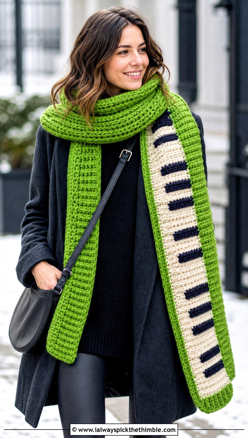 Oversized Crochet Piano Scarf With Leggings And Coat - 25 crochet piano scarf outfit ideas