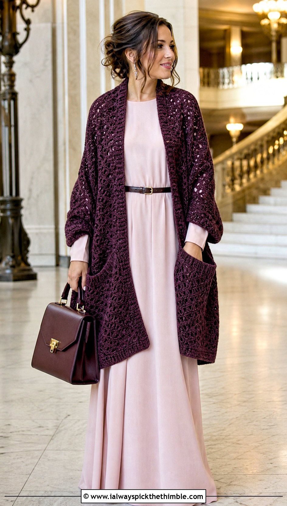 Oversized Crochet Pocket Shawl With Maxi Dress - 15 Crochet Scarf With Hand Pockets outfit ideas