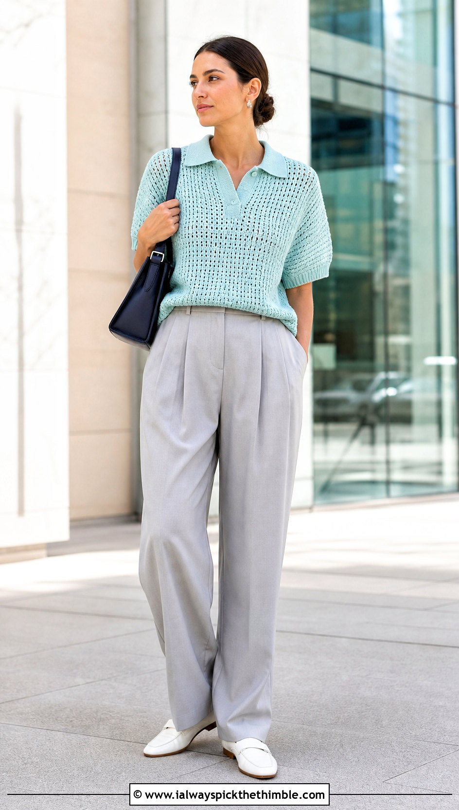 Oversized Crochet Polo Top With Pleated Trousers - 25 loose crochet top outfit ideas