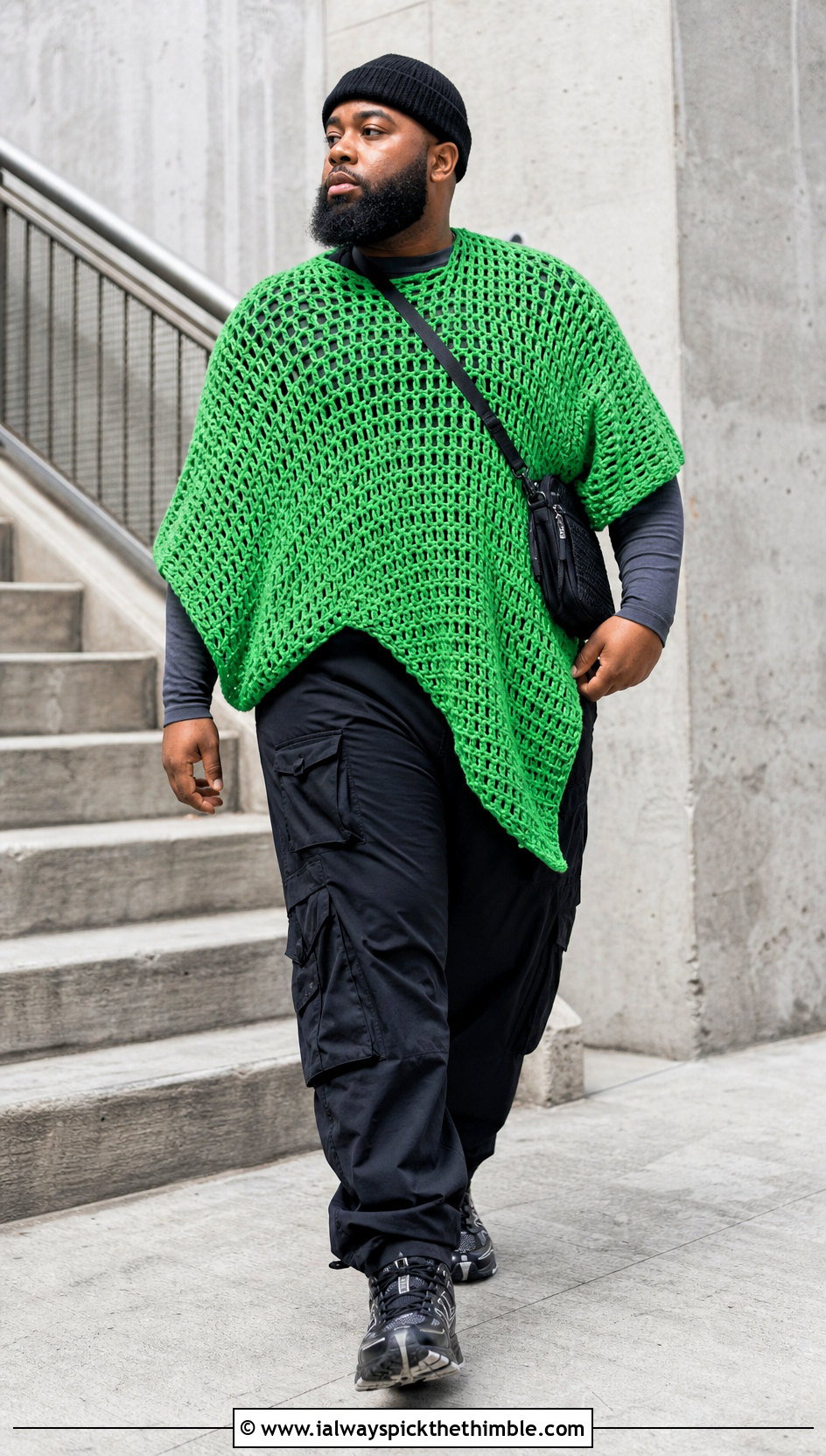 Oversized Crochet Poncho With Cargo Pants - 20 men crochet poncho outfit ideas