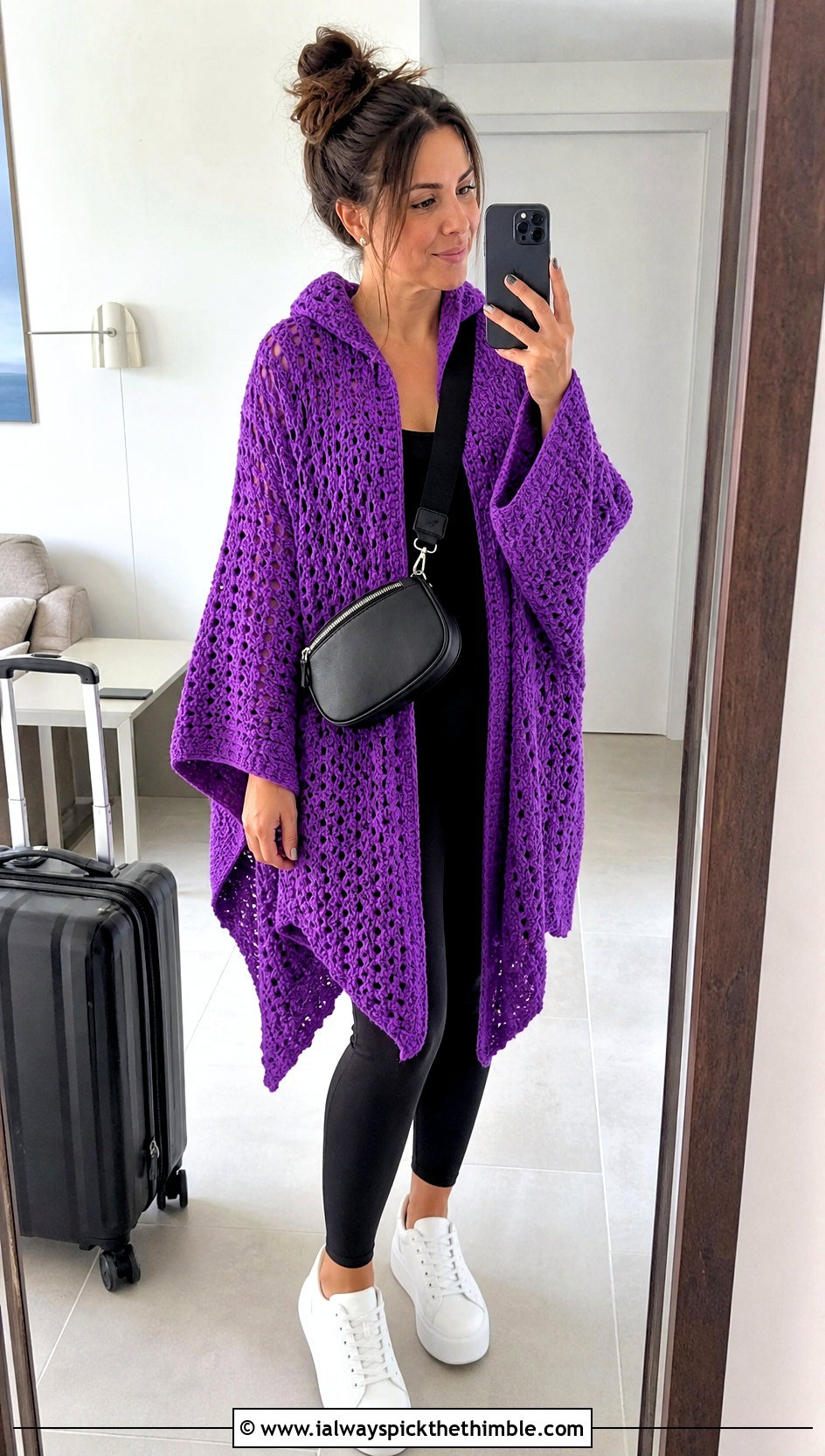 Oversized Crochet Poncho With Hood and Black Leggings - 25 crochet poncho with hood outfit ideas