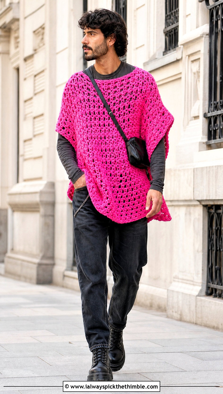 Oversized Crochet Poncho With Slim Jeans - 20 crochet men's poncho outfit ideas