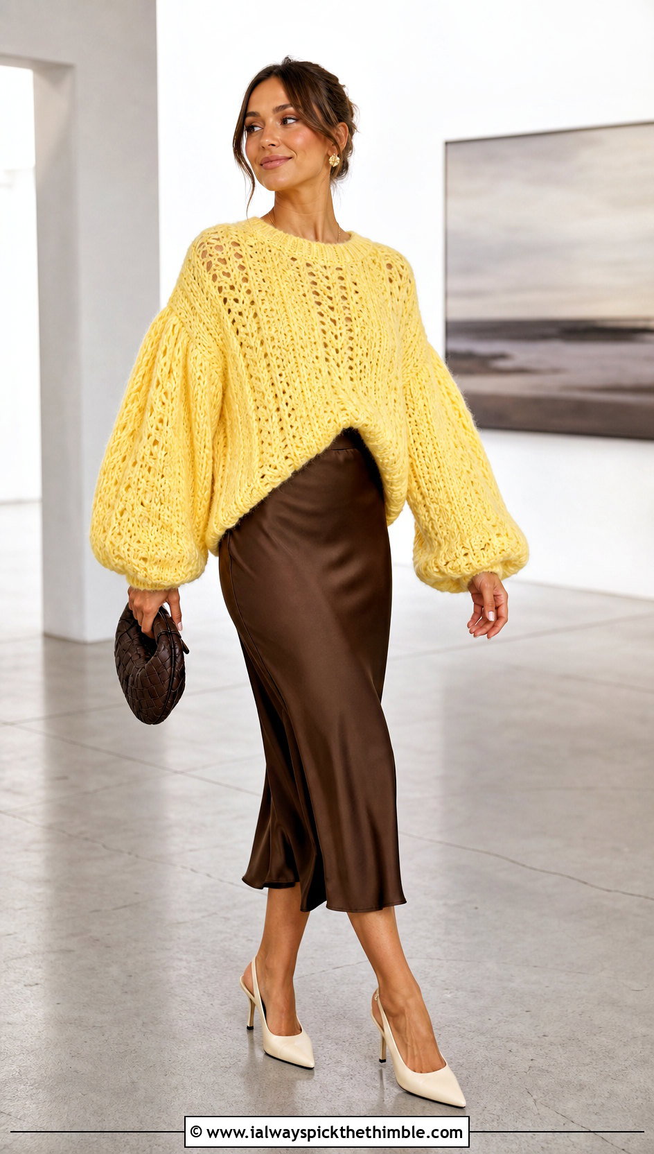 Oversized Crochet Puff Sleeve Sweater With Satin Midi Skirt - 20 Crochet Puff Sleeve Sweater outfit ideas