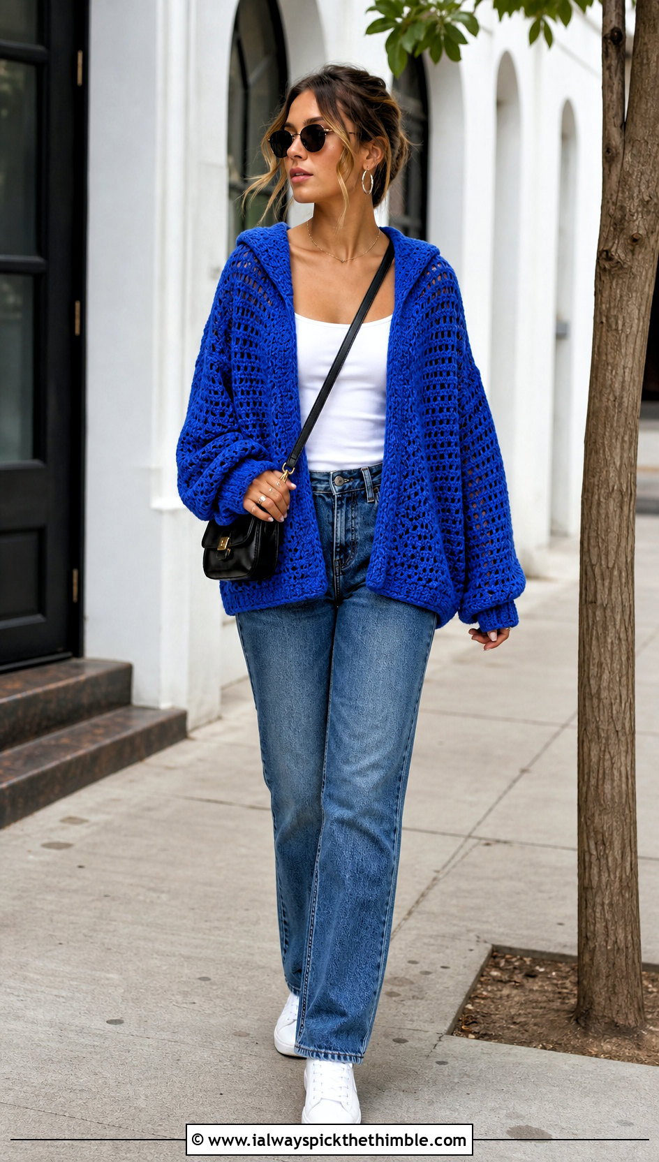 Oversized Crochet Pullover Hoodie With Straight Jeans - 25 crochet hoodie outfit ideas