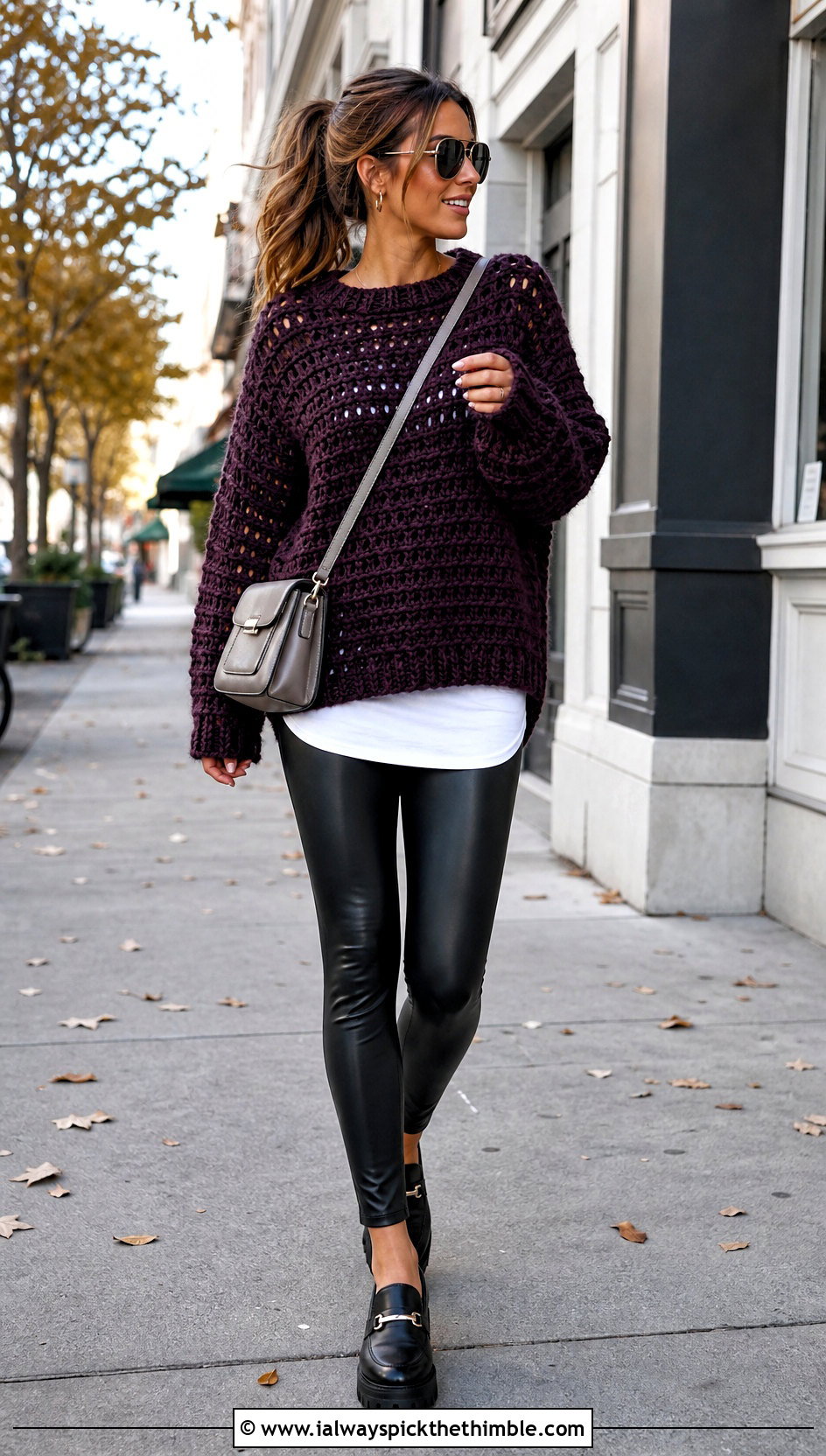 Oversized Crochet Pullover With Faux Leather Leggings - 20 long sleeve crochet top outfit ideas