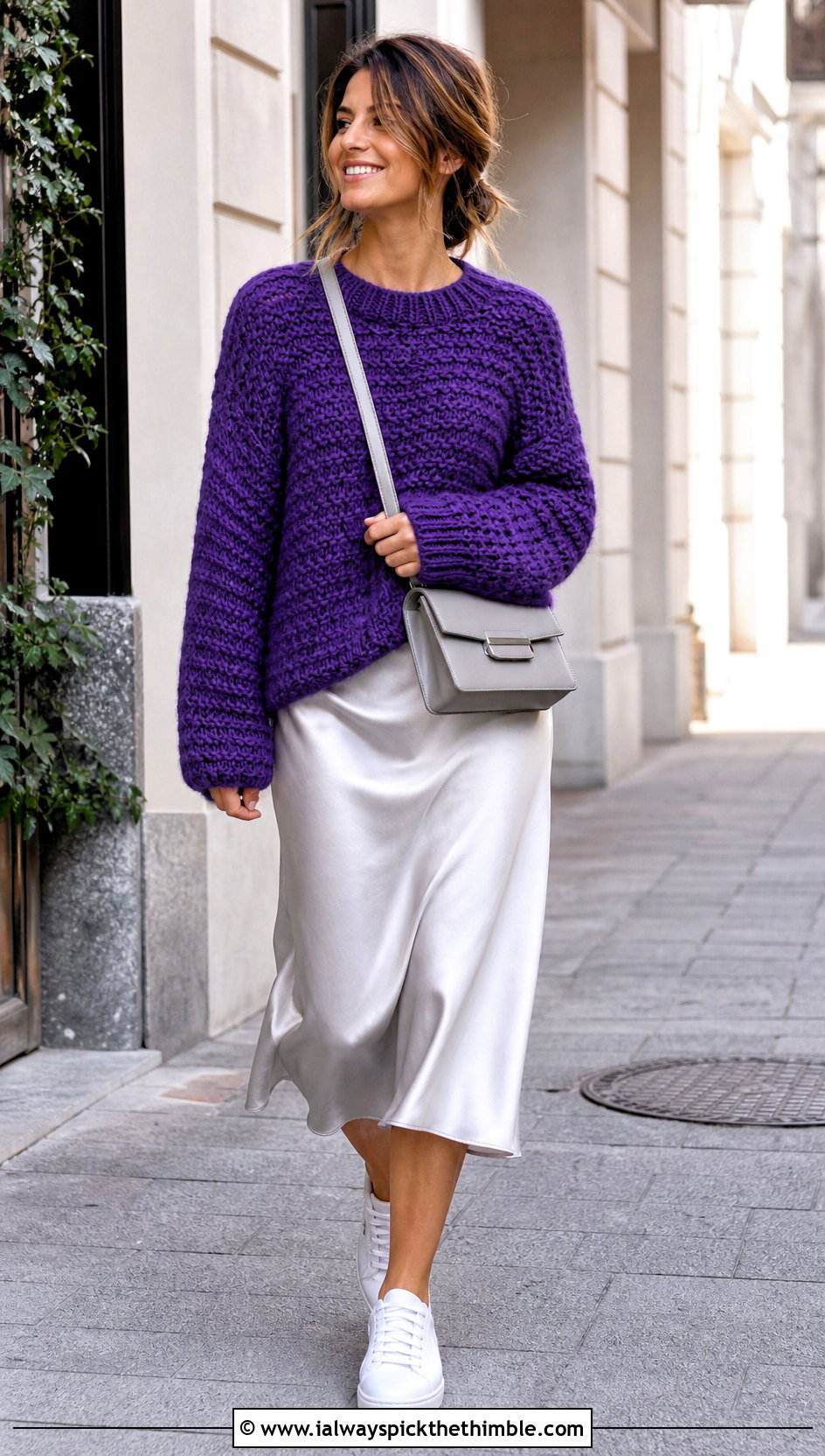 Oversized Crochet Pullover With Satin Slip Skirt - 25 autumn crochet clothes and outfit ideas