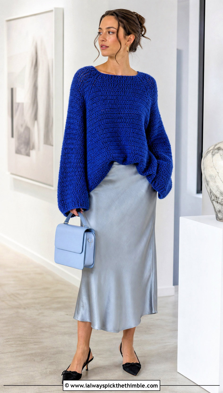 Oversized Crochet Raglan Sweater With Satin Midi Skirt - 25 crochet raglan sweater outfit ideas
