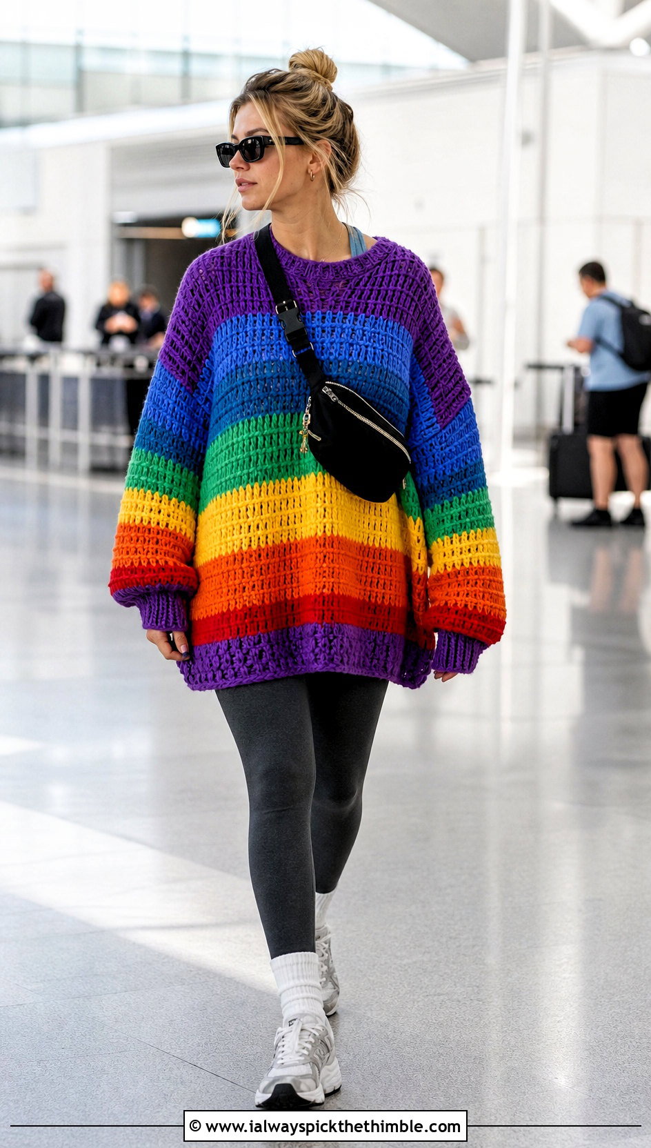 Oversized Crochet Rainbow Sweater With Leggings - 20 Crochet Rainbow Sweater outfit ideas