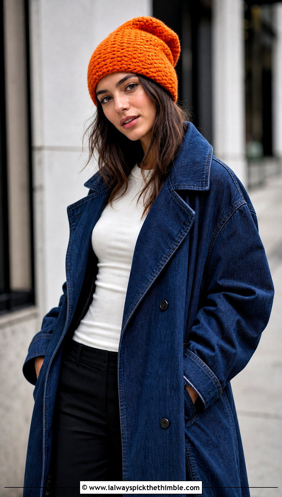 Oversized Crochet Rectangle Beanie With Long Denim Coat - 20 Crochet Rectangle Hat outfit ideas