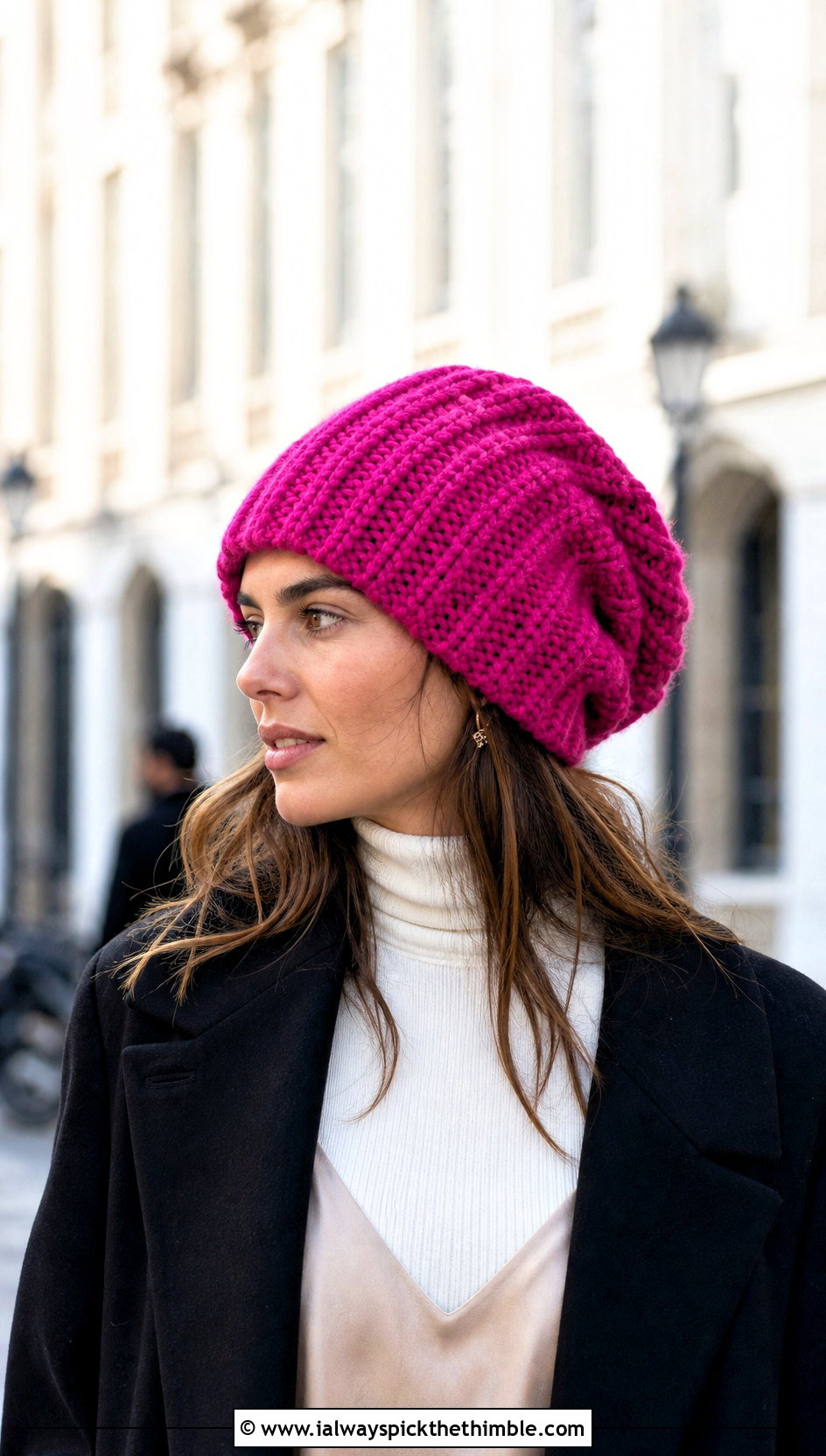 Oversized Crochet Ribbed Beanie With Slip Dress - 20 easy crochet ribbed beanie outfit ideas