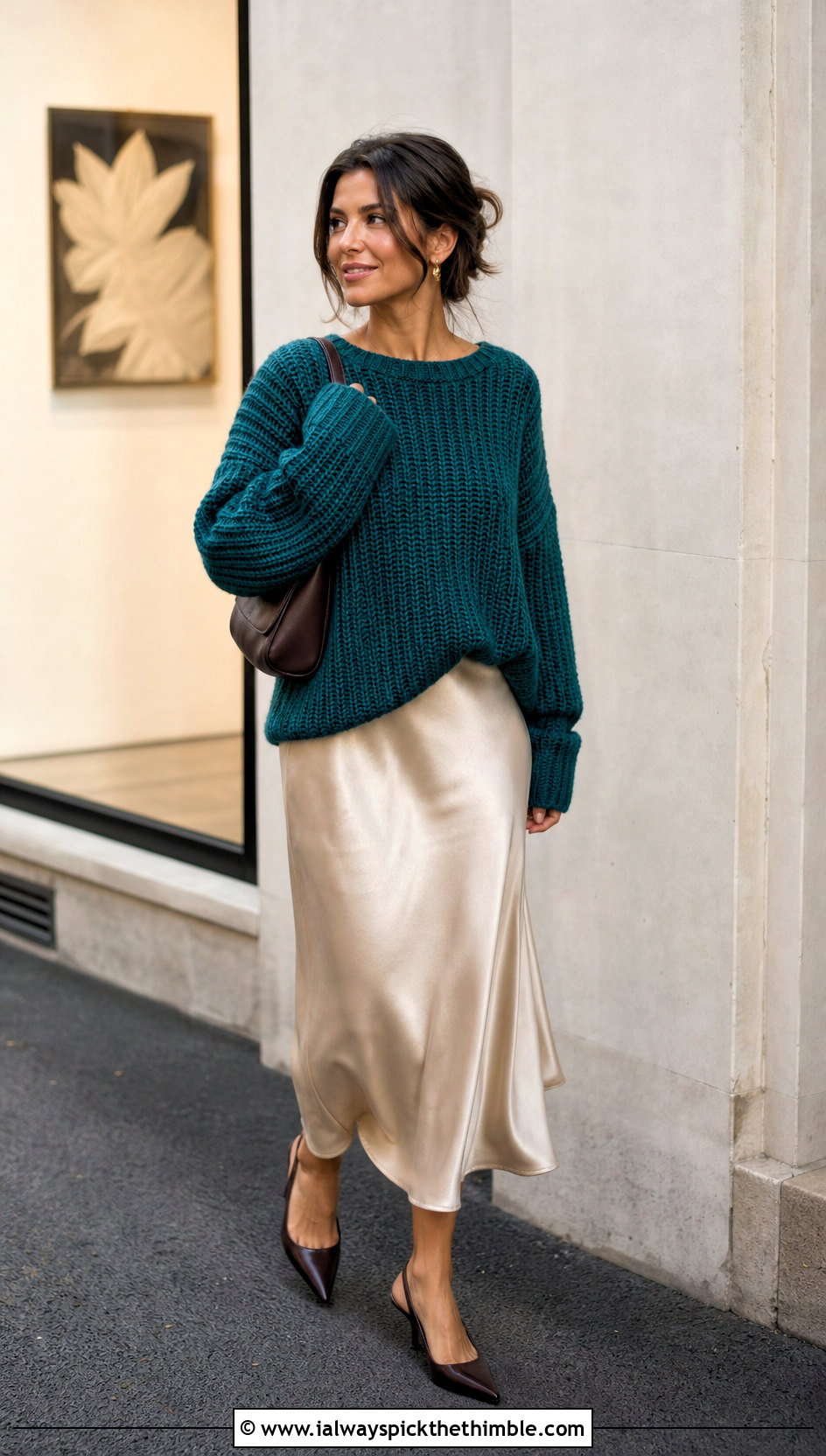 Oversized Crochet Ribbed Sweater With Satin Midi Skirt - 25 crochet ribbed sweater outfit ideas