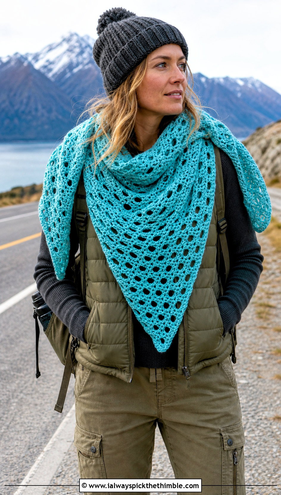 Oversized Crochet Road Trip Scarf With Puffer Vest - 15 Crochet Road Trip Scarf outfit ideas