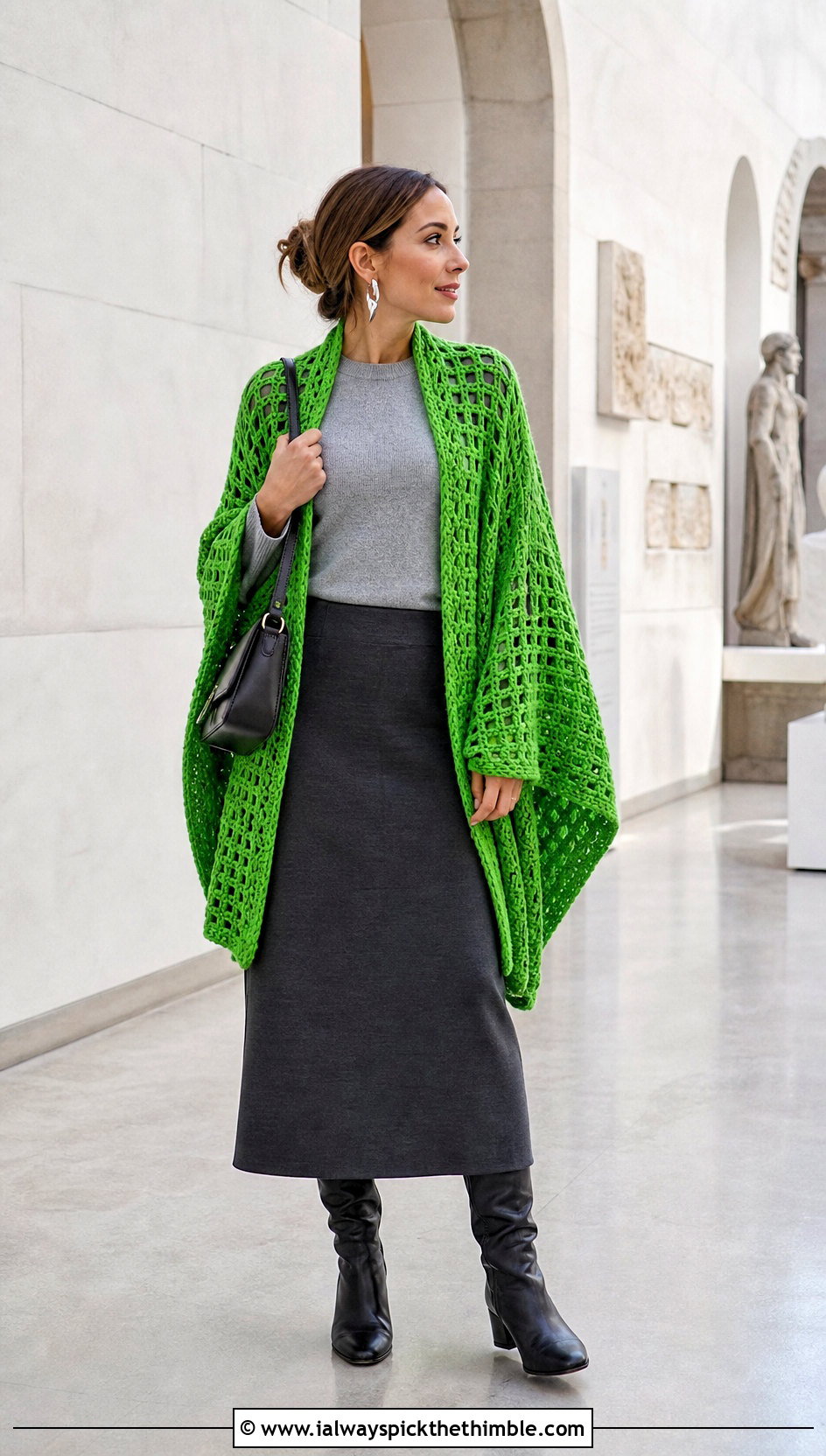 Oversized Crochet Ruana With Column Midi Skirt - 25 crochet ruana outfit ideas