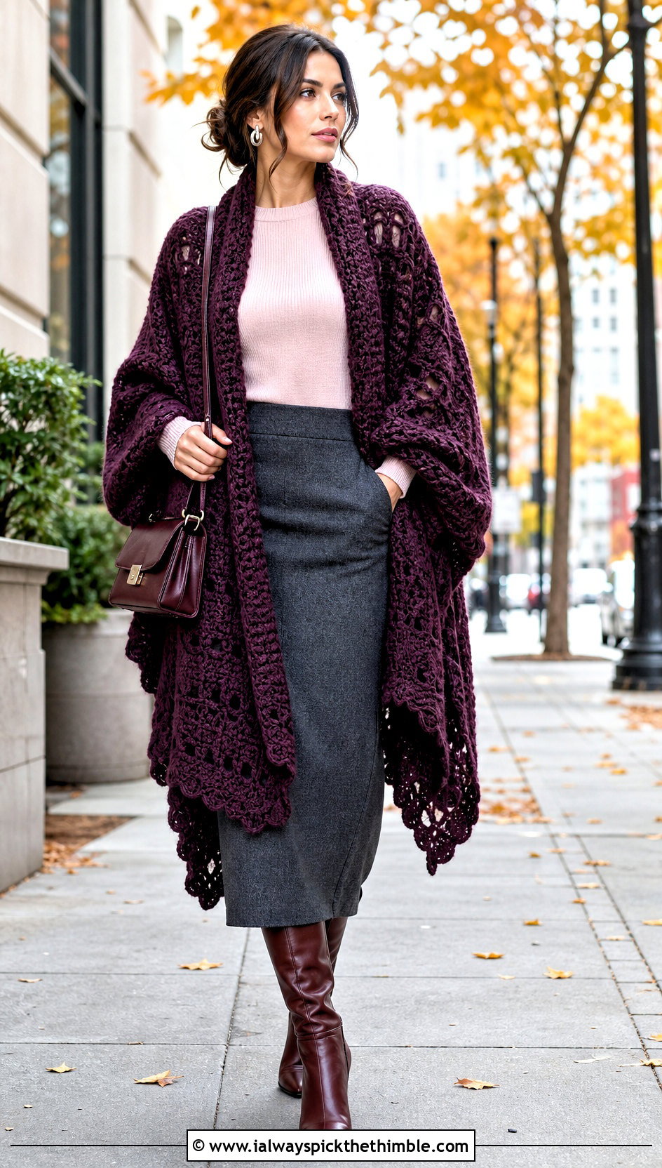 Oversized Crochet Ruana With Midi Skirt - 15 easy crochet ruana outfit ideas