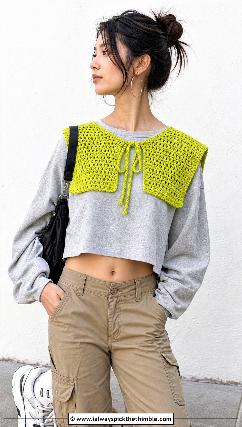 Oversized Crochet Sailor Collar With Sweatshirt And Cargo Pants - 20 crochet sailor collar outfit ideas