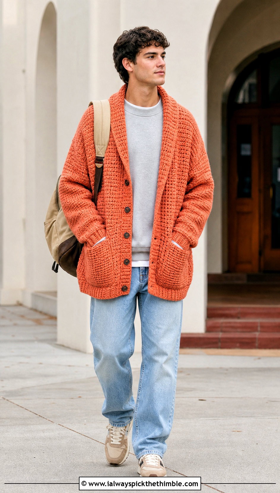 Oversized Crochet Shawl Collar Cardigan With Loose Jeans - 20 Mens Crochet Shawl Collar Cardigan outfit ideas