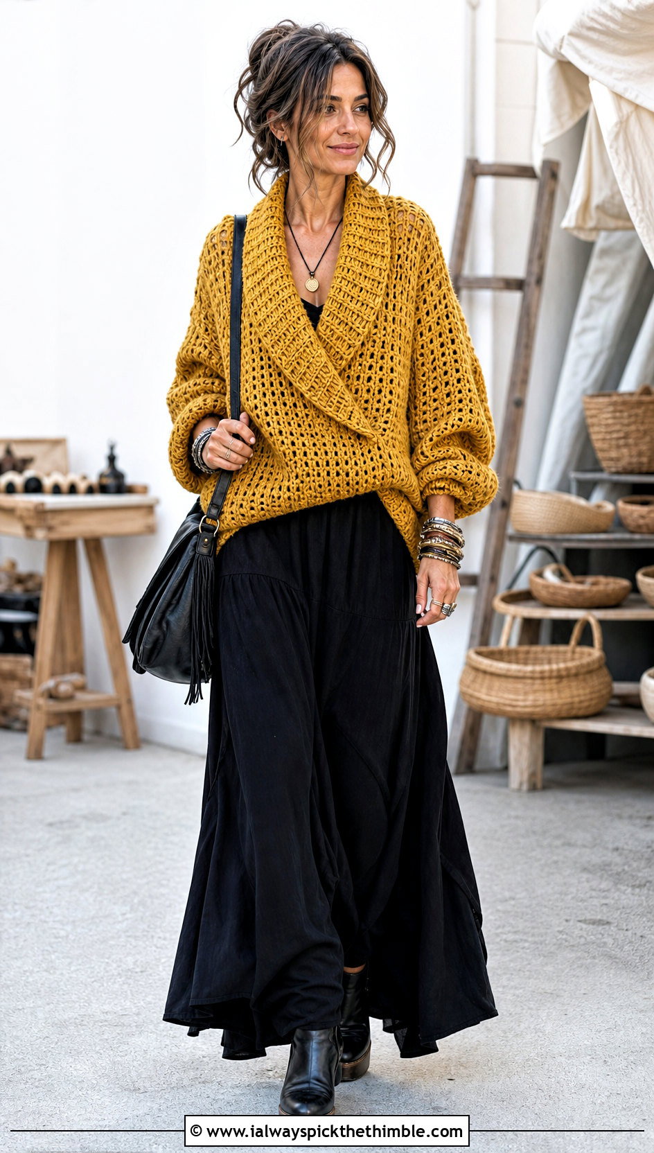 Oversized Crochet Shawl Collar Sweater With Maxi Skirt - 20 Crochet Shawl Collar Sweater outfit ideas