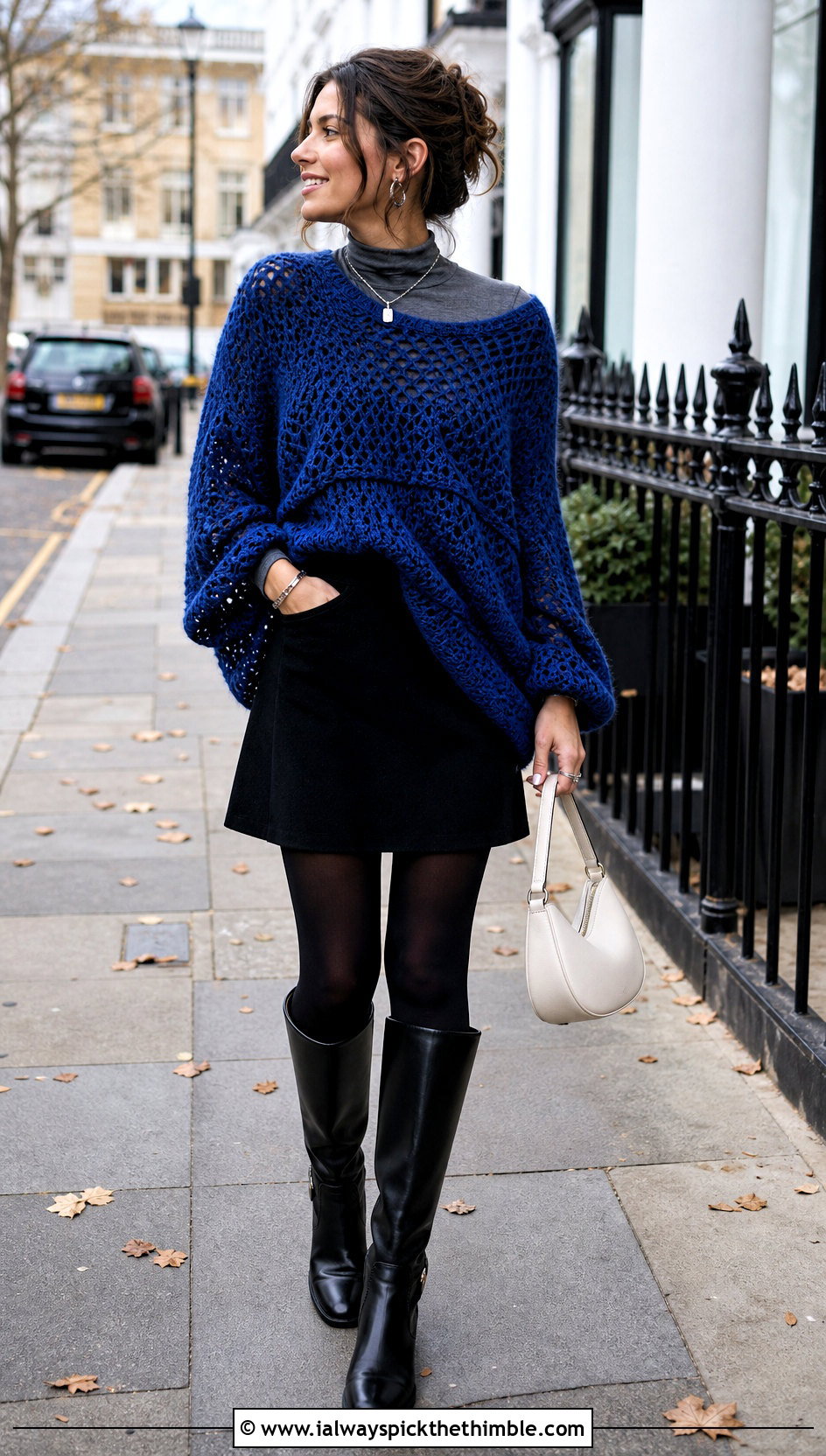 Oversized Crochet Shawl Sweater With Mini Skirt - 20 crochet shawl sweater outfit ideas