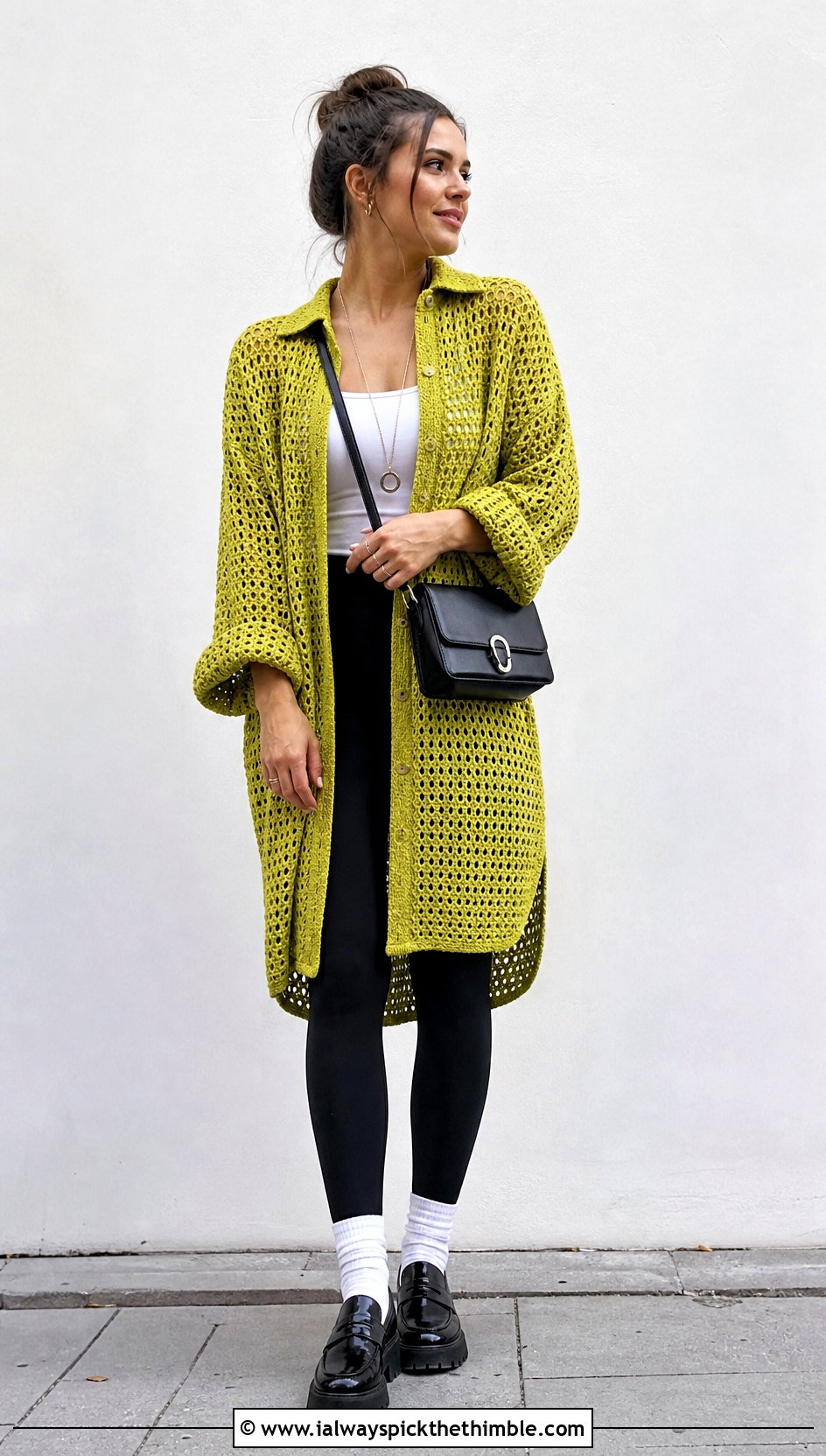 Oversized Crochet Shirt Dress With Leggings - 25 crochet shirt dress outfit ideas