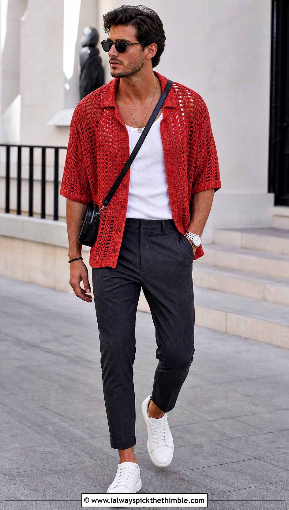Oversized Crochet Shirt With Slim Trousers - 25 crochet shirt men outfit ideas