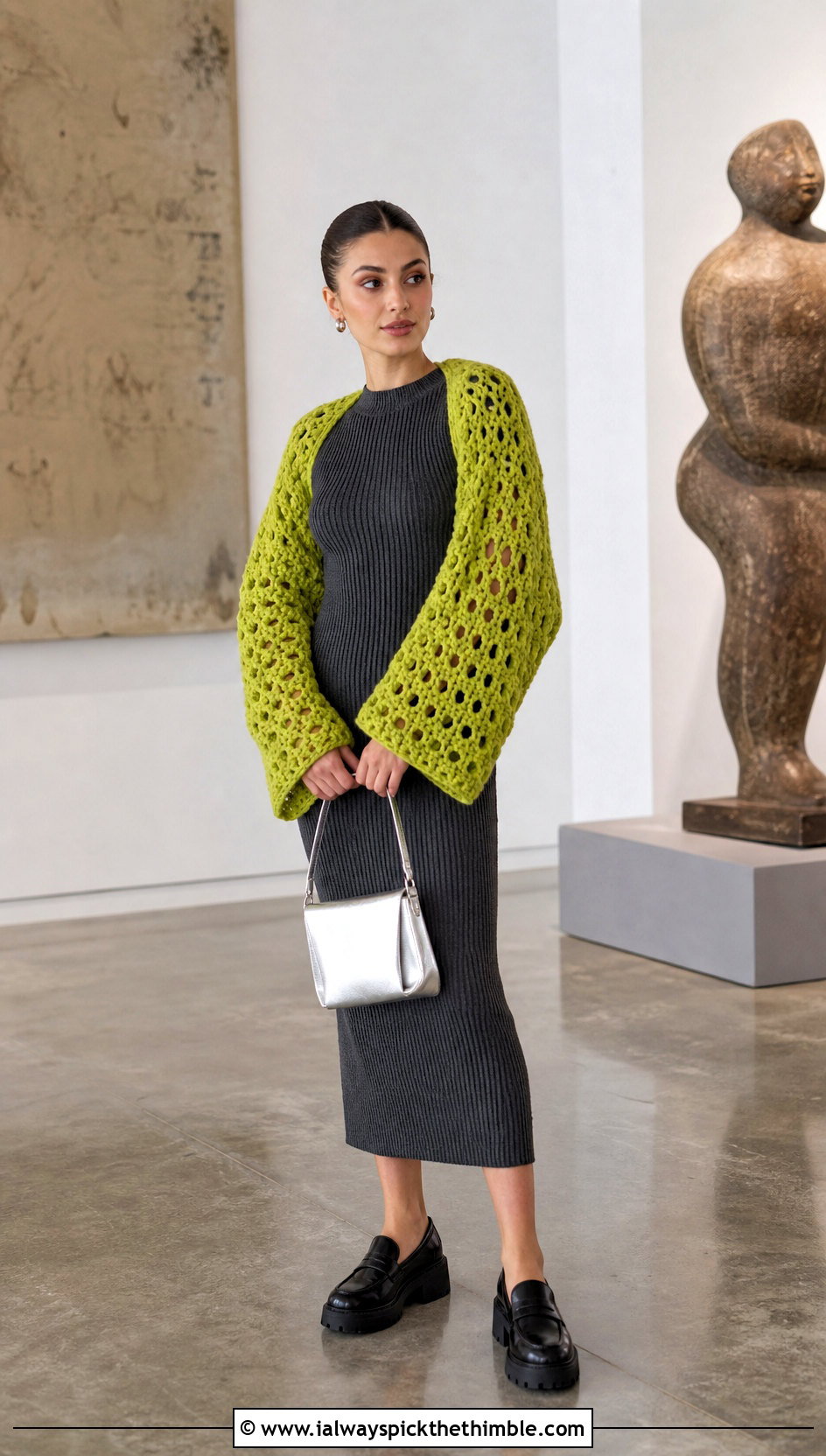 Oversized Crochet Shrug With Bodycon Midi Dress - 20 Mini Crochet Sweater outfit ideas