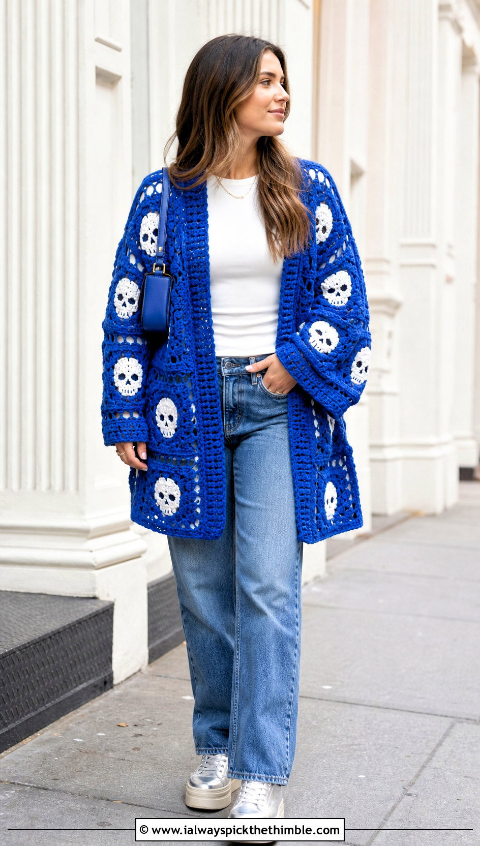 Oversized Crochet Skull Granny Square Cardigan With Straight Leg Jeans - 20 crochet skull granny square cardigan outfit ideas