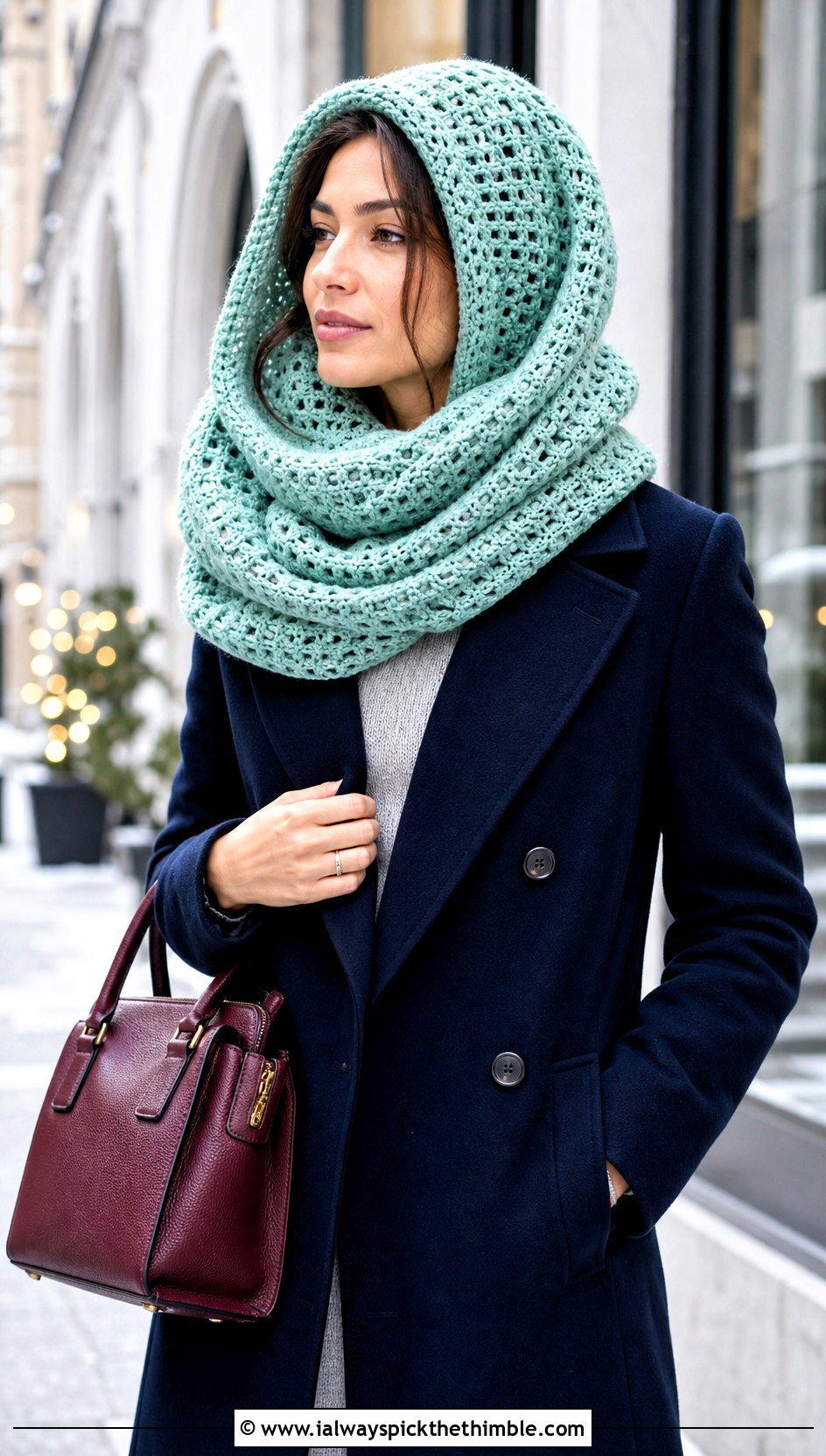 Oversized Crochet Snood Cowl Hat With Long Wool Coat - 20 crochet cowl hat outfit ideas