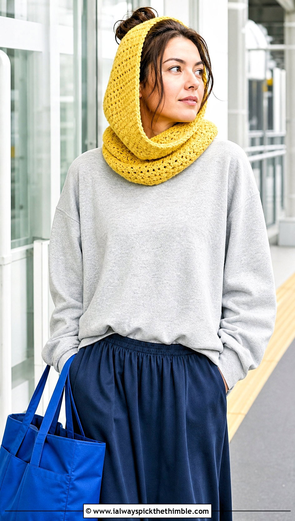 Oversized Crochet Snood Hood With Sweatshirt And Maxi Skirt - 25 crochet hooded cowl outfit ideas