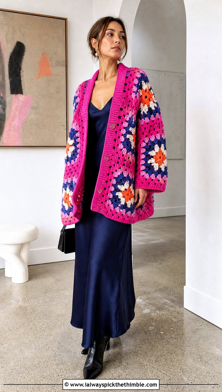 Oversized Crochet Star Granny Square Cardigan With Slip Dress - 20 Crochet Star Granny Square Cardigan outfit ideas