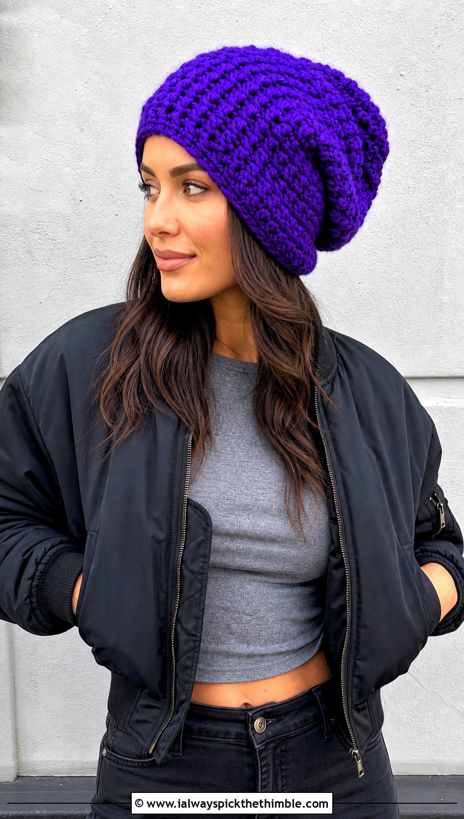 Oversized Crochet Stocking Hat With Bomber Jacket And Parachute Pants - 20 easy crochet stocking hat outfit ideas