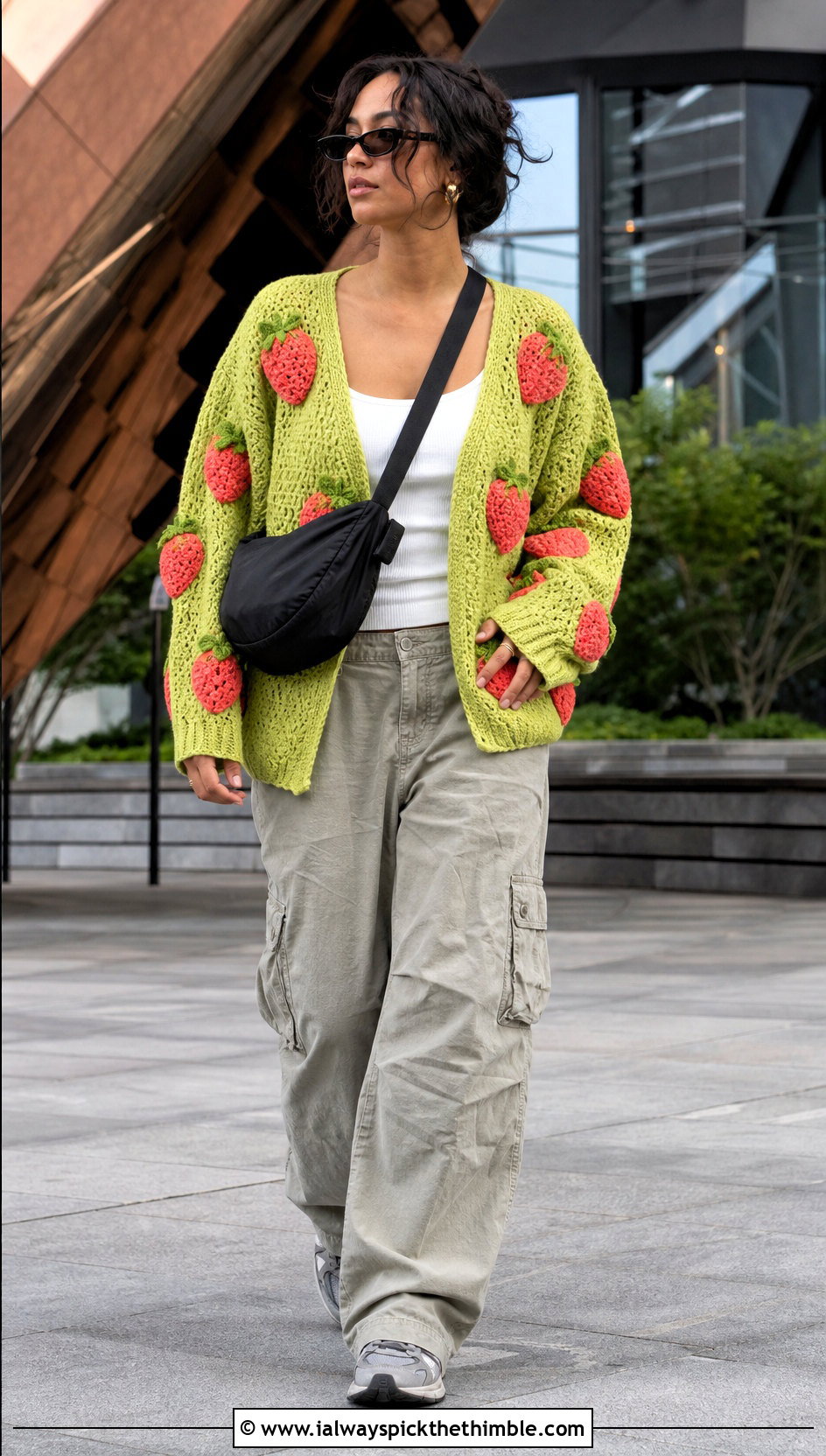Oversized Crochet Strawberry Cardigan With Cargo Pants - 25 crochet strawberry cardigan outfit ideas