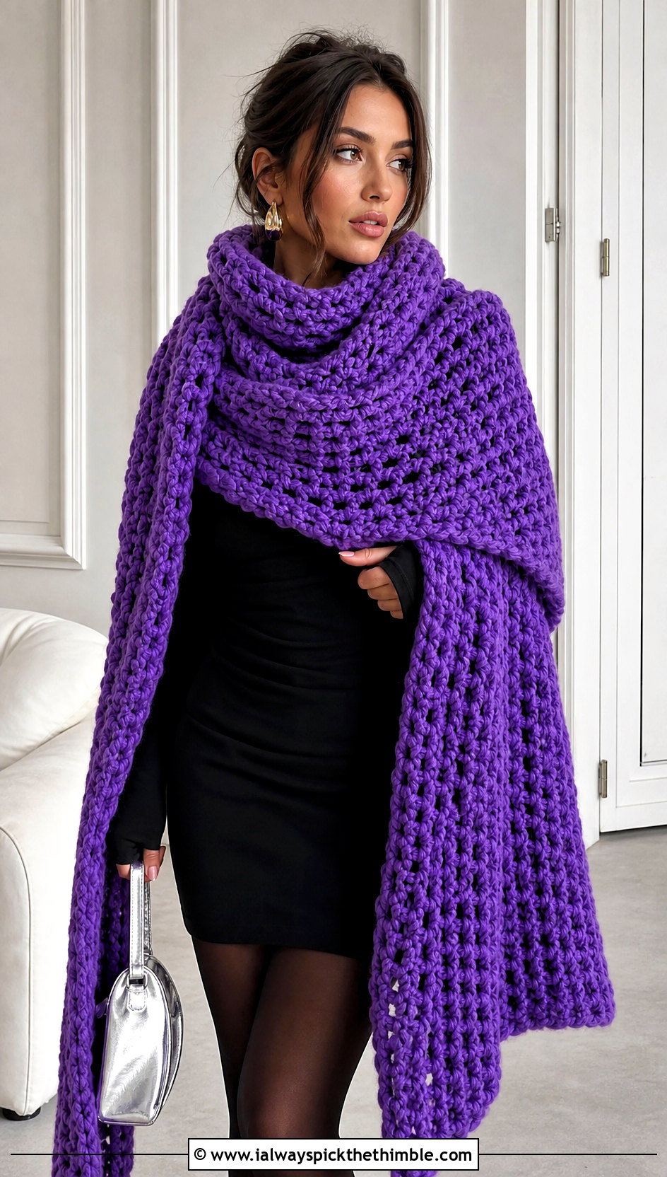 Oversized Crochet Sweater Scarf Wrap With Mini Dress - 20 crochet scarf sweater wrap outfit ideas