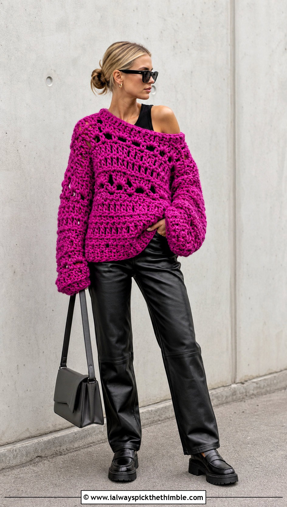 Oversized Crochet Sweater Top With Leather Pants - 20 crochet for tops outfit ideas