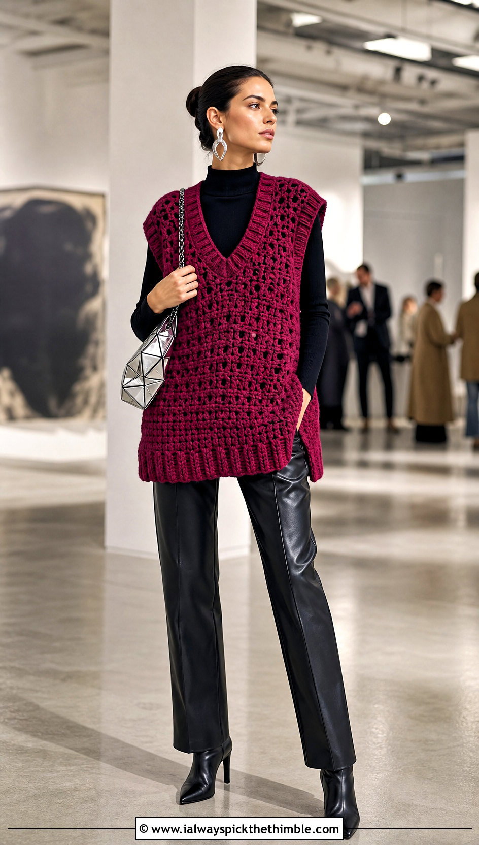 Oversized Crochet Sweater Vest With Leather Pants - 25 crochet vest outfit ideas