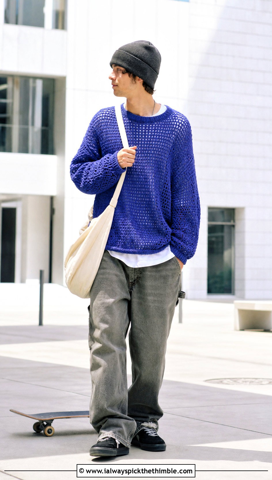 Oversized Crochet Sweater With Carpenter Jeans - 20 Mens Crochet Sweaters outfit ideas