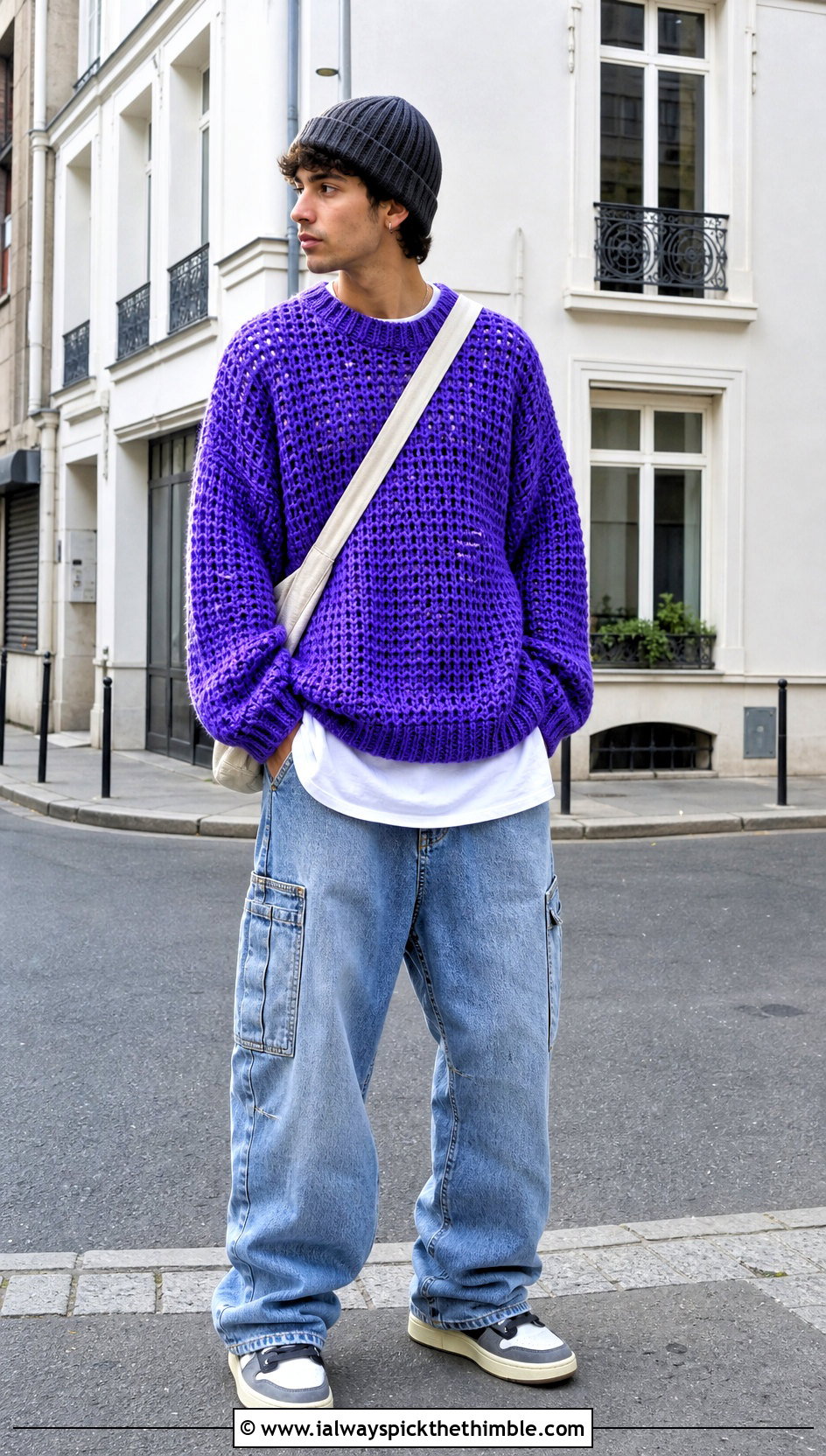 Oversized Crochet Sweater With Carpenter Jeans - 20 male crochet sweater outfit ideas
