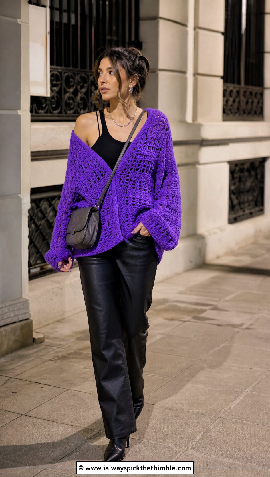 Oversized Crochet Sweater With Leather Pants - 20 cool crochet sweater outfit ideas