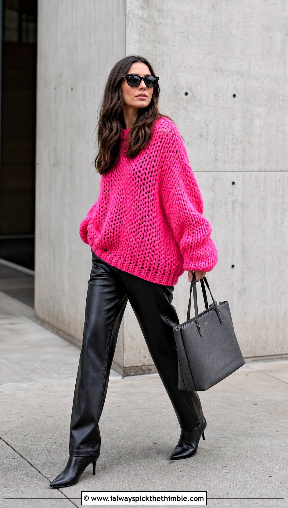 Oversized Crochet Sweater With Leather Pants - 20 handmade crochet sweater outfit ideas